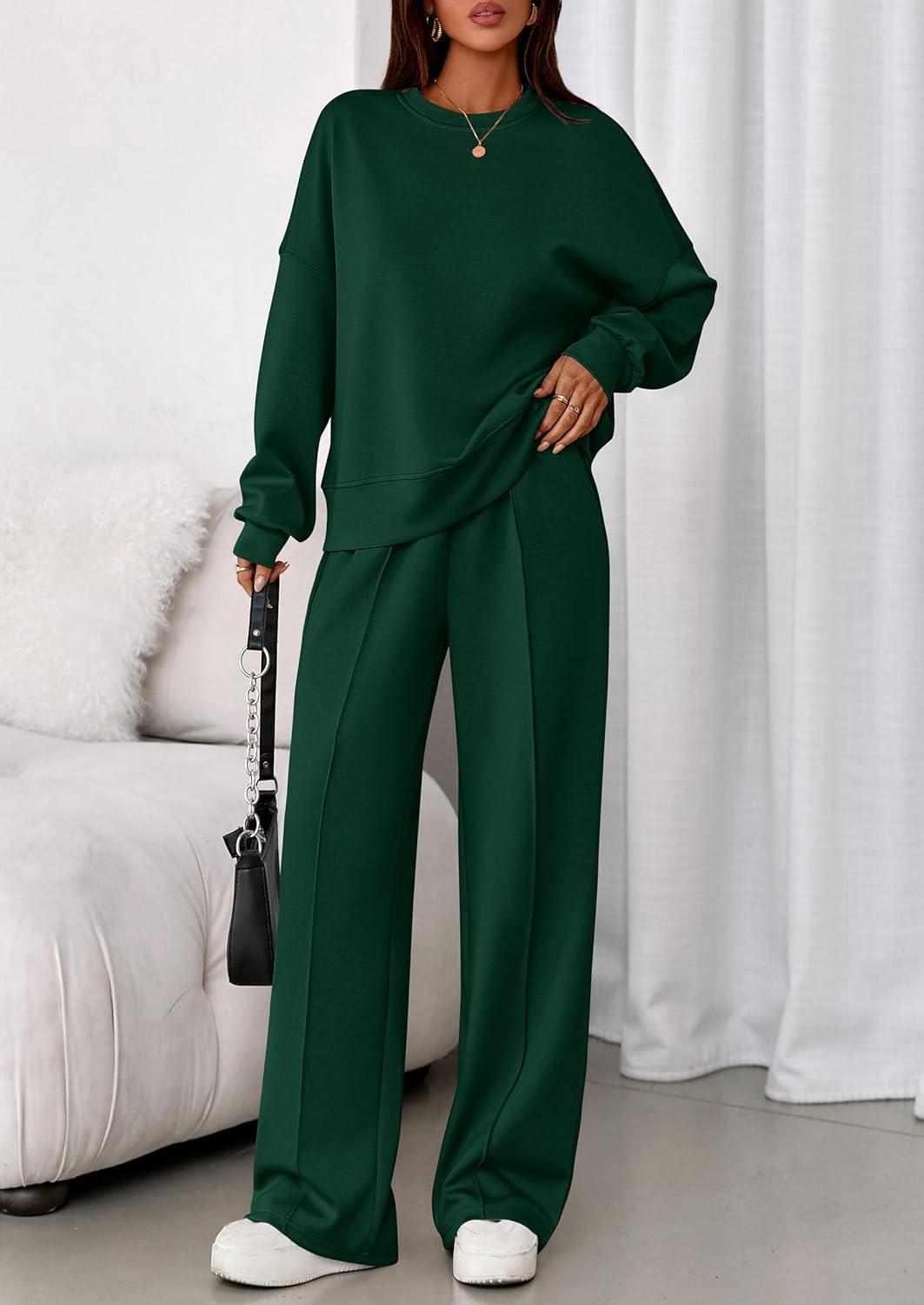 imagePRETTYGARDEN 2 Piece Sets For Women Fall Trendy Long Sleeve Sweatshirt Wide Leg Pants Loungewear Set Matching SweatsuitDark Green