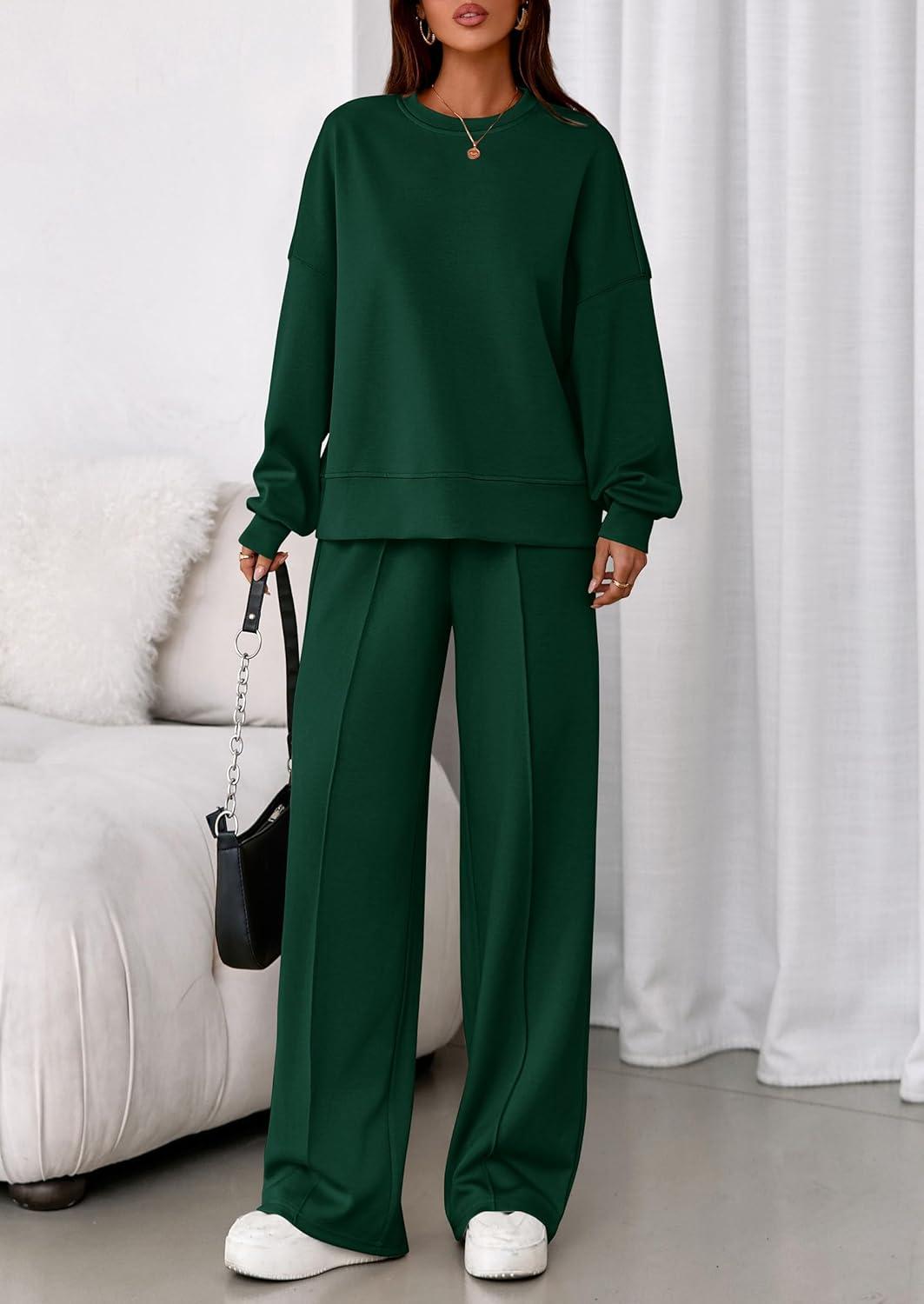 imagePRETTYGARDEN 2 Piece Sets For Women Fall Trendy Long Sleeve Sweatshirt Wide Leg Pants Loungewear Set Matching SweatsuitDark Green
