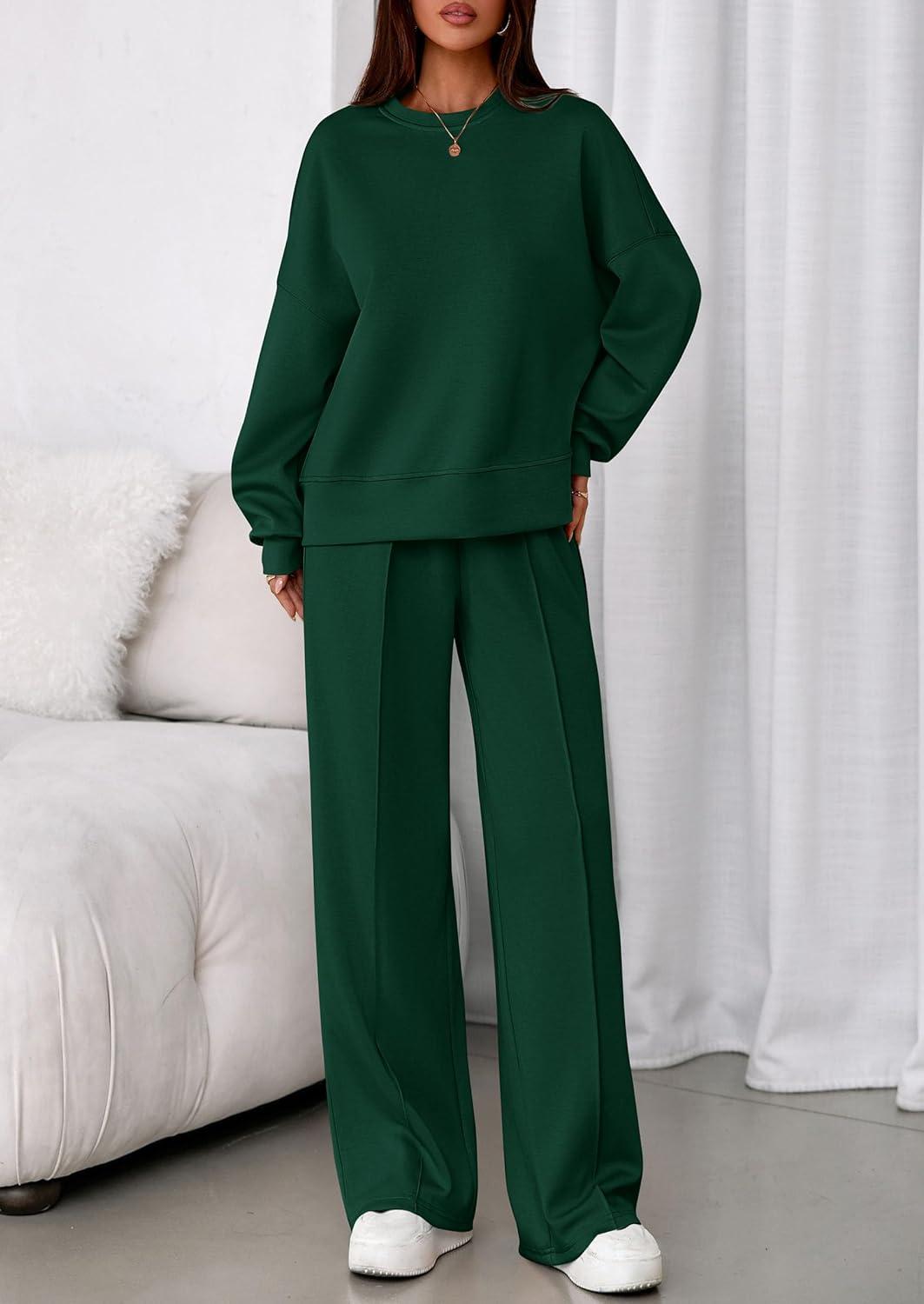 imagePRETTYGARDEN 2 Piece Sets For Women Fall Trendy Long Sleeve Sweatshirt Wide Leg Pants Loungewear Set Matching SweatsuitDark Green
