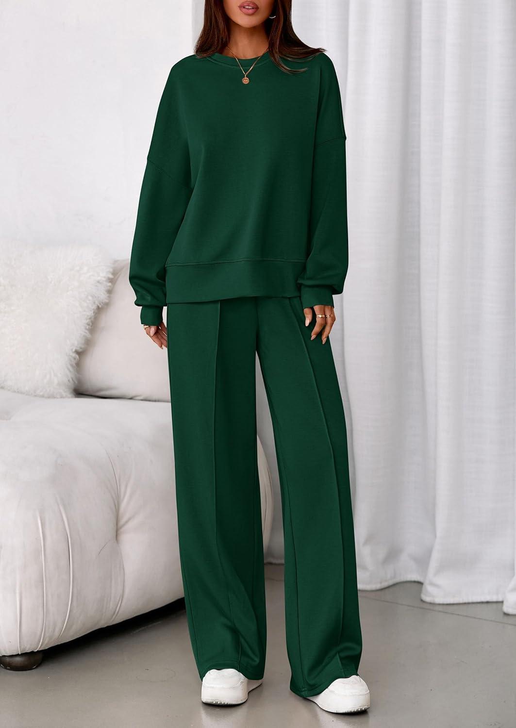 imagePRETTYGARDEN 2 Piece Sets For Women Fall Trendy Long Sleeve Sweatshirt Wide Leg Pants Loungewear Set Matching SweatsuitDark Green