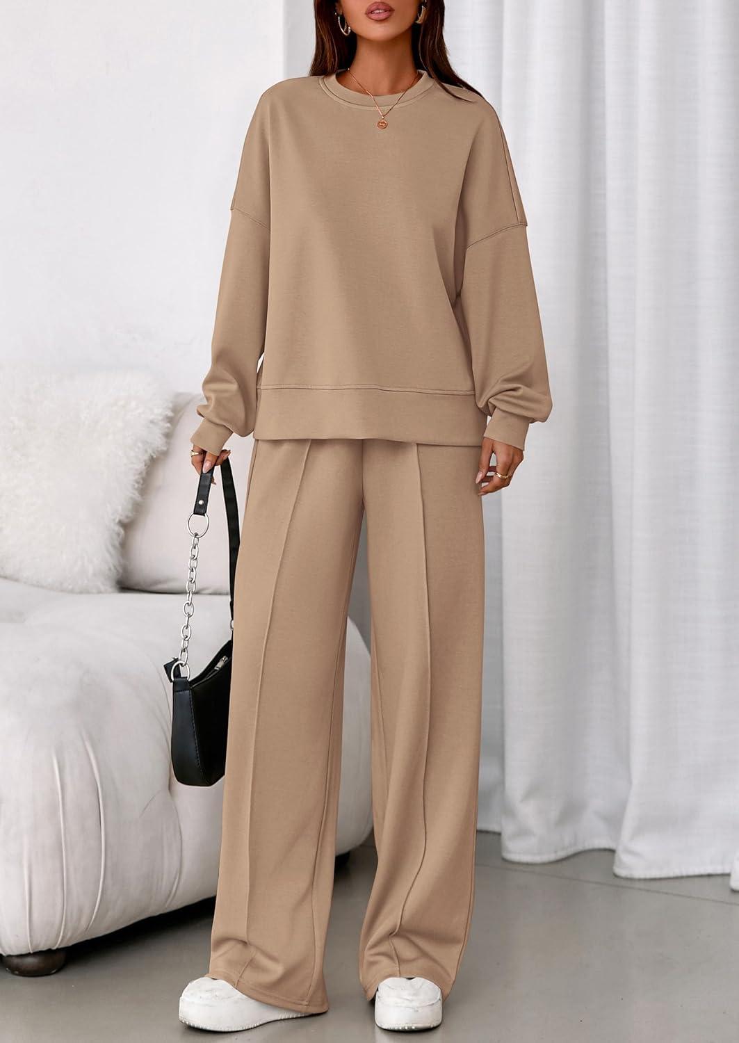 imagePRETTYGARDEN 2 Piece Sets For Women Fall Trendy Long Sleeve Sweatshirt Wide Leg Pants Loungewear Set Matching SweatsuitKhaki