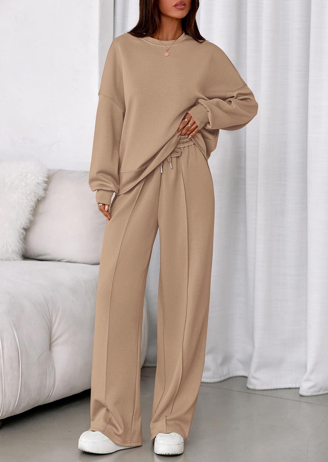 imagePRETTYGARDEN 2 Piece Sets For Women Fall Trendy Long Sleeve Sweatshirt Wide Leg Pants Loungewear Set Matching SweatsuitKhaki