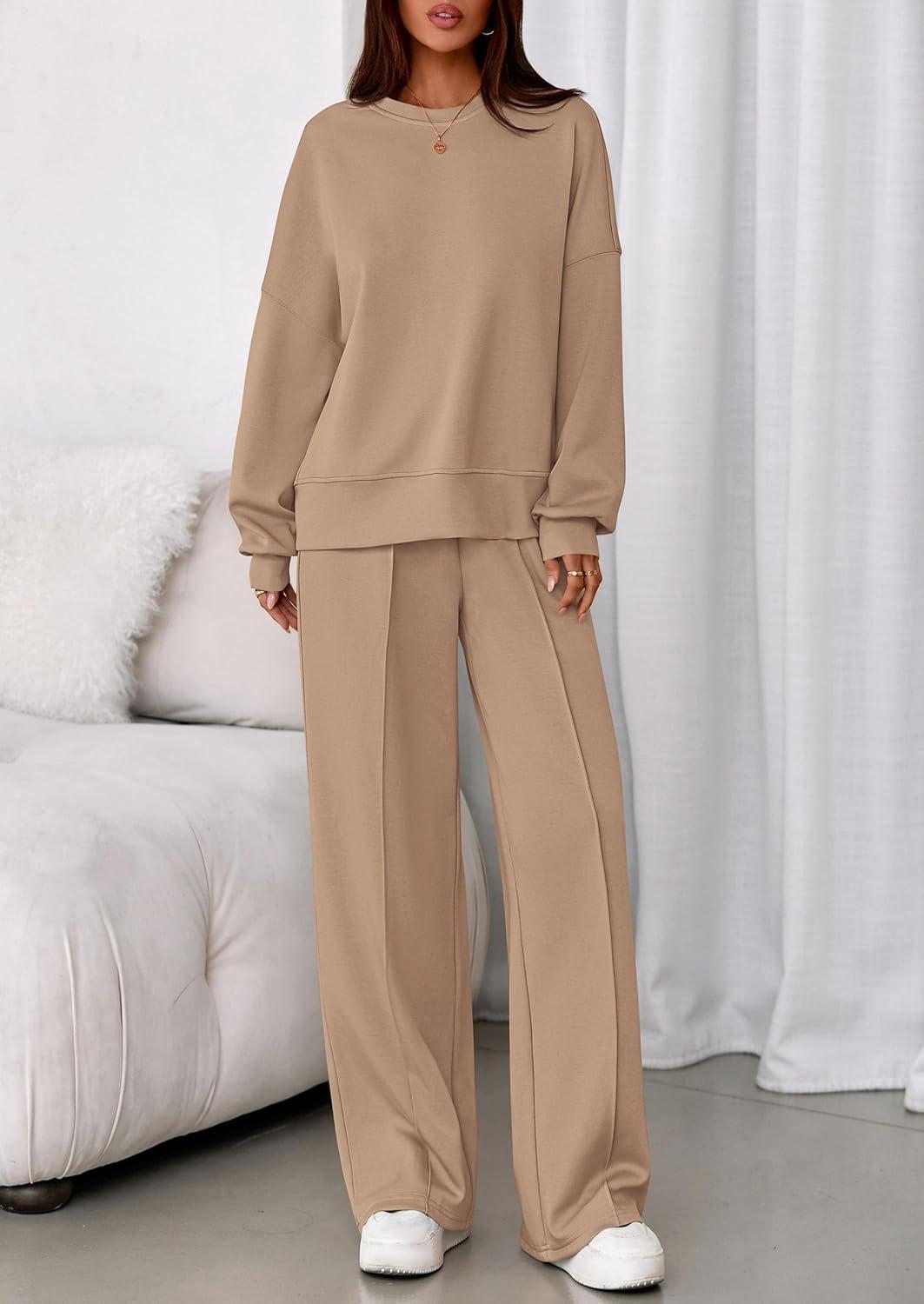 imagePRETTYGARDEN 2 Piece Sets For Women Fall Trendy Long Sleeve Sweatshirt Wide Leg Pants Loungewear Set Matching SweatsuitKhaki