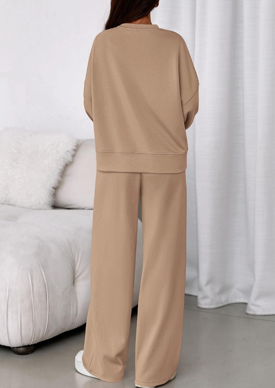 imagePRETTYGARDEN 2 Piece Sets For Women Fall Trendy Long Sleeve Sweatshirt Wide Leg Pants Loungewear Set Matching SweatsuitKhaki