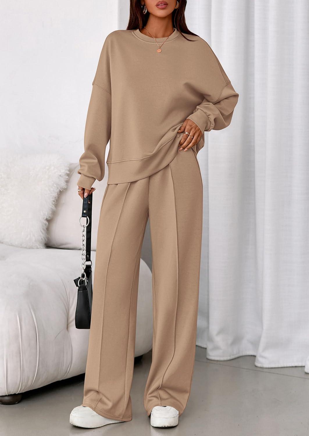 imagePRETTYGARDEN 2 Piece Sets For Women Fall Trendy Long Sleeve Sweatshirt Wide Leg Pants Loungewear Set Matching SweatsuitKhaki