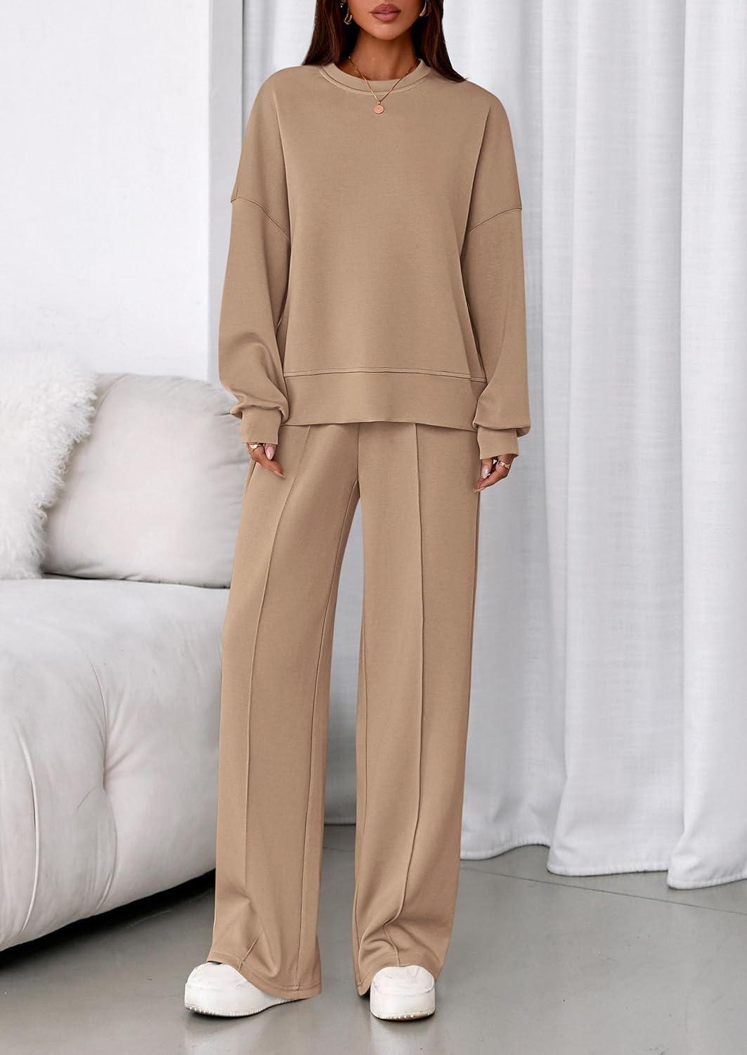 imagePRETTYGARDEN 2 Piece Sets For Women Fall Trendy Long Sleeve Sweatshirt Wide Leg Pants Loungewear Set Matching SweatsuitKhaki
