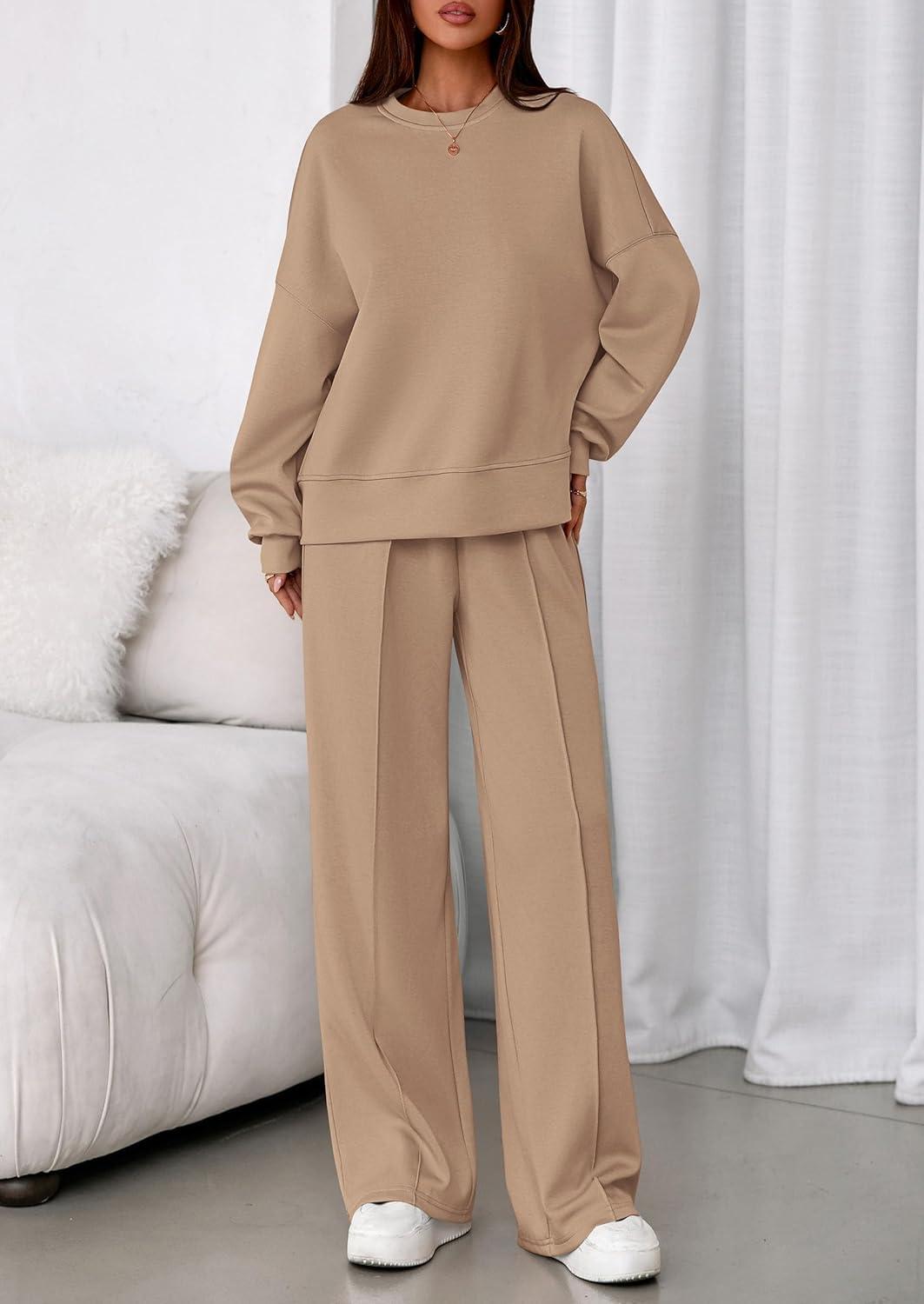 imagePRETTYGARDEN 2 Piece Sets For Women Fall Trendy Long Sleeve Sweatshirt Wide Leg Pants Loungewear Set Matching SweatsuitKhaki