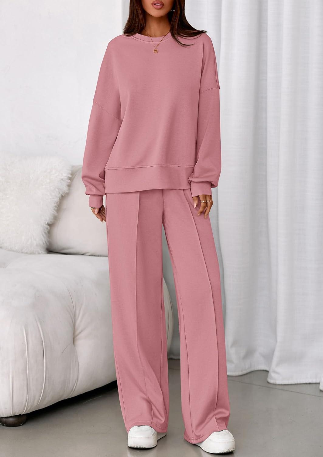 imagePRETTYGARDEN 2 Piece Sets For Women Fall Trendy Long Sleeve Sweatshirt Wide Leg Pants Loungewear Set Matching SweatsuitPink