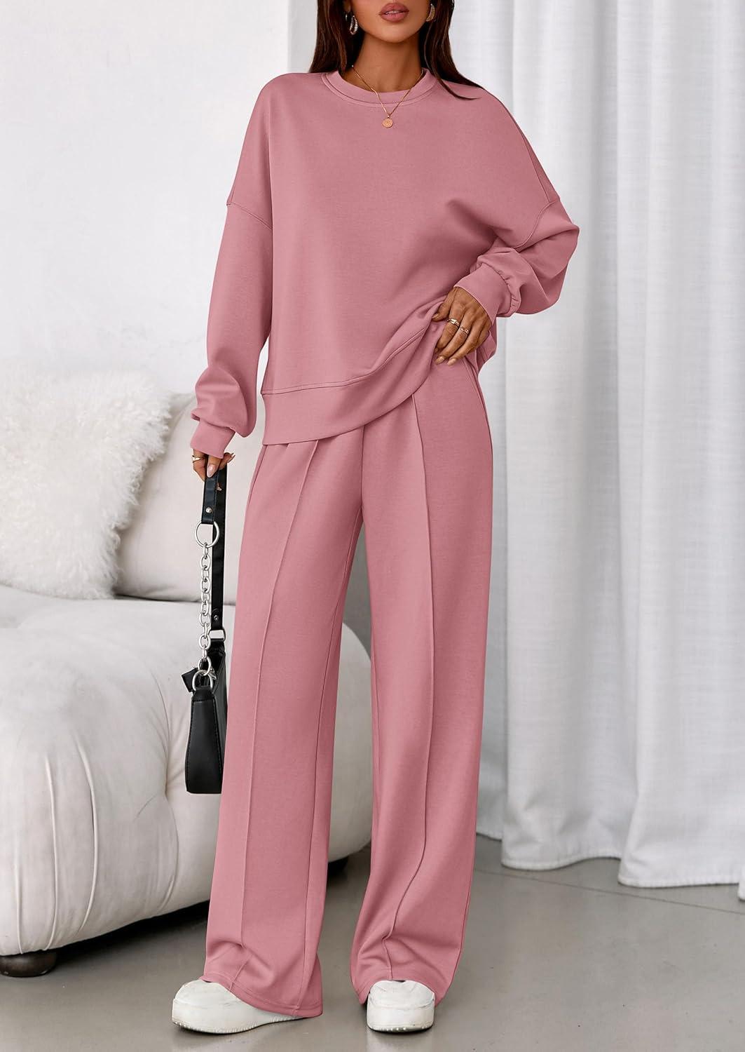 imagePRETTYGARDEN 2 Piece Sets For Women Fall Trendy Long Sleeve Sweatshirt Wide Leg Pants Loungewear Set Matching SweatsuitPink