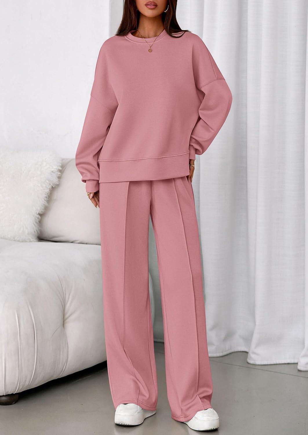 imagePRETTYGARDEN 2 Piece Sets For Women Fall Trendy Long Sleeve Sweatshirt Wide Leg Pants Loungewear Set Matching SweatsuitPink