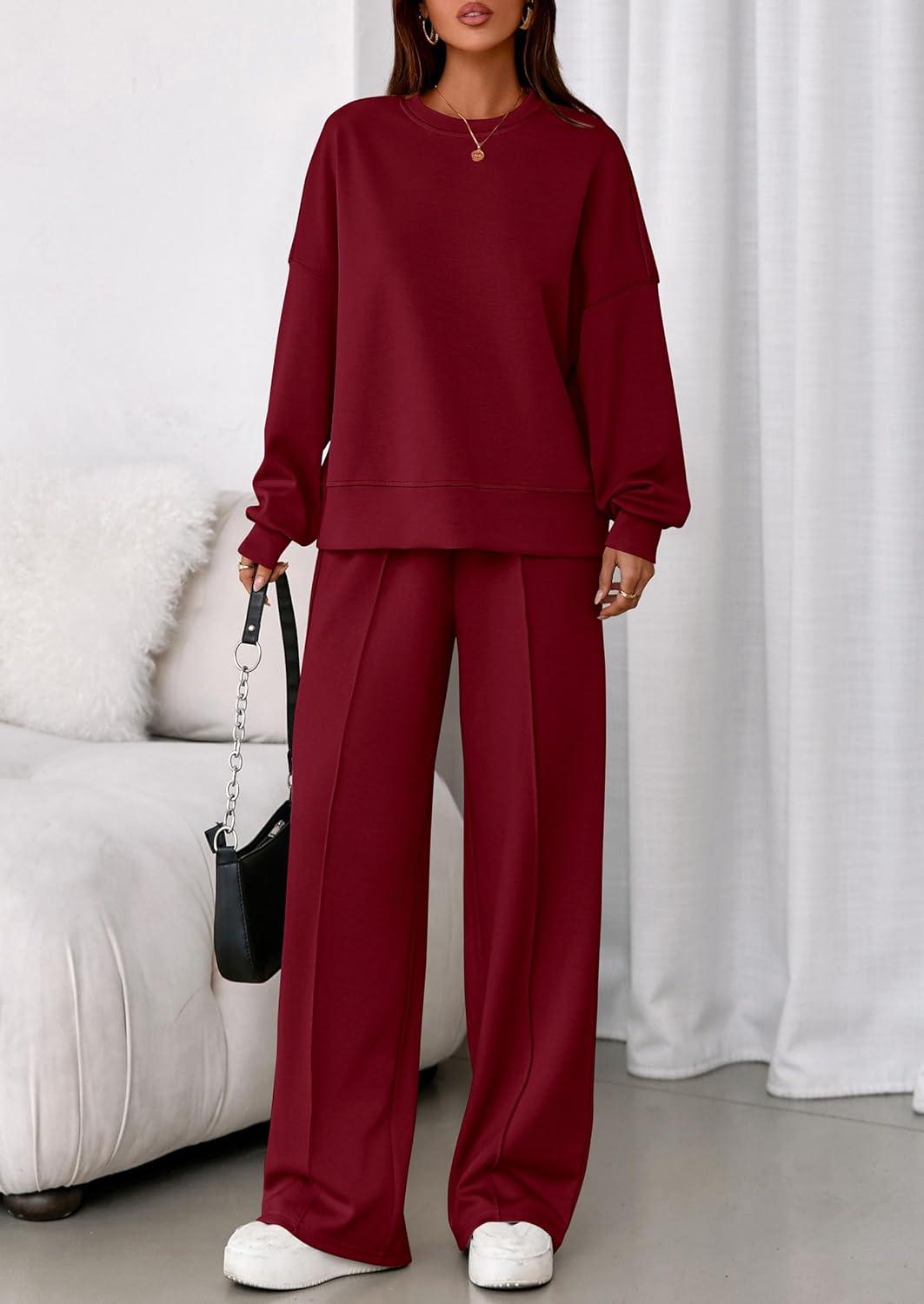 imagePRETTYGARDEN 2 Piece Sets For Women Fall Trendy Long Sleeve Sweatshirt Wide Leg Pants Loungewear Set Matching SweatsuitWine Red