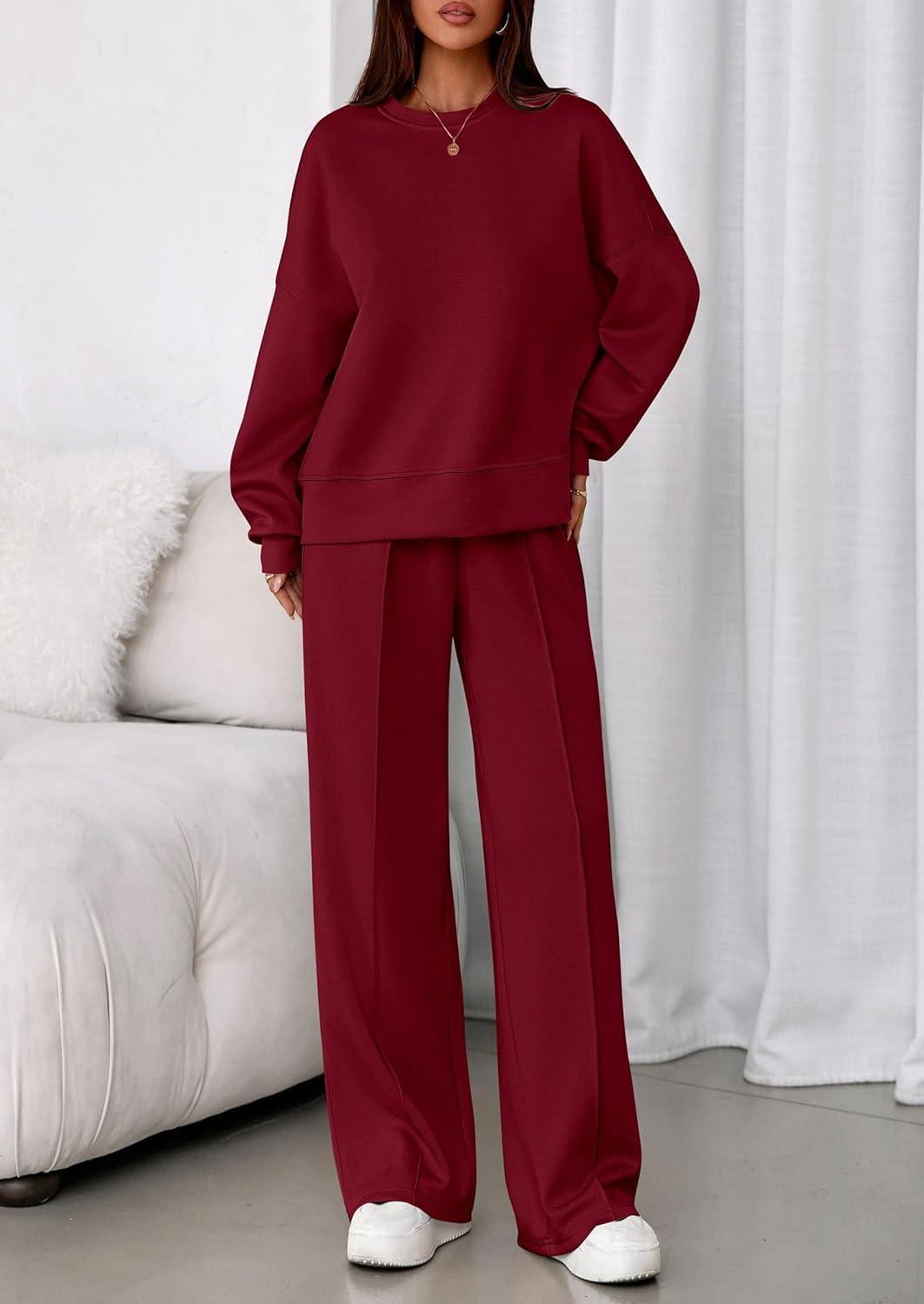 imagePRETTYGARDEN 2 Piece Sets For Women Fall Trendy Long Sleeve Sweatshirt Wide Leg Pants Loungewear Set Matching SweatsuitWine Red