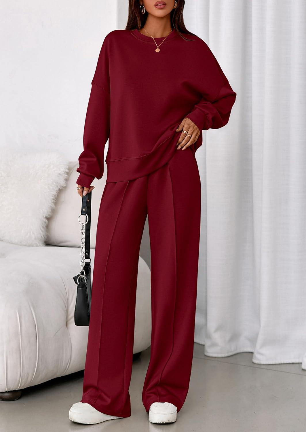 imagePRETTYGARDEN 2 Piece Sets For Women Fall Trendy Long Sleeve Sweatshirt Wide Leg Pants Loungewear Set Matching SweatsuitWine Red