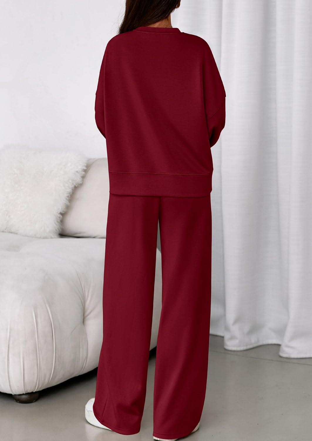 imagePRETTYGARDEN 2 Piece Sets For Women Fall Trendy Long Sleeve Sweatshirt Wide Leg Pants Loungewear Set Matching SweatsuitWine Red