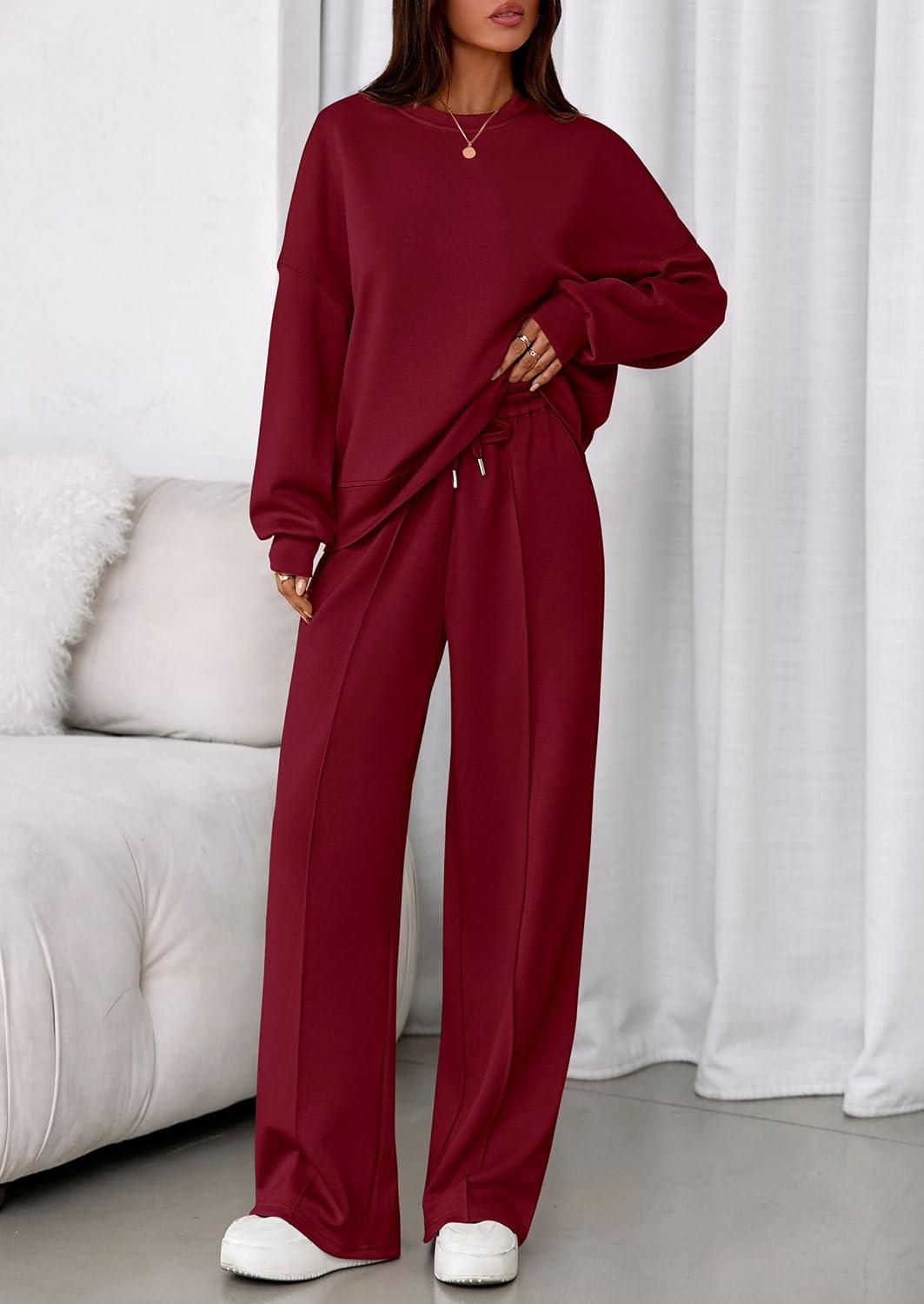 imagePRETTYGARDEN 2 Piece Sets For Women Fall Trendy Long Sleeve Sweatshirt Wide Leg Pants Loungewear Set Matching SweatsuitWine Red