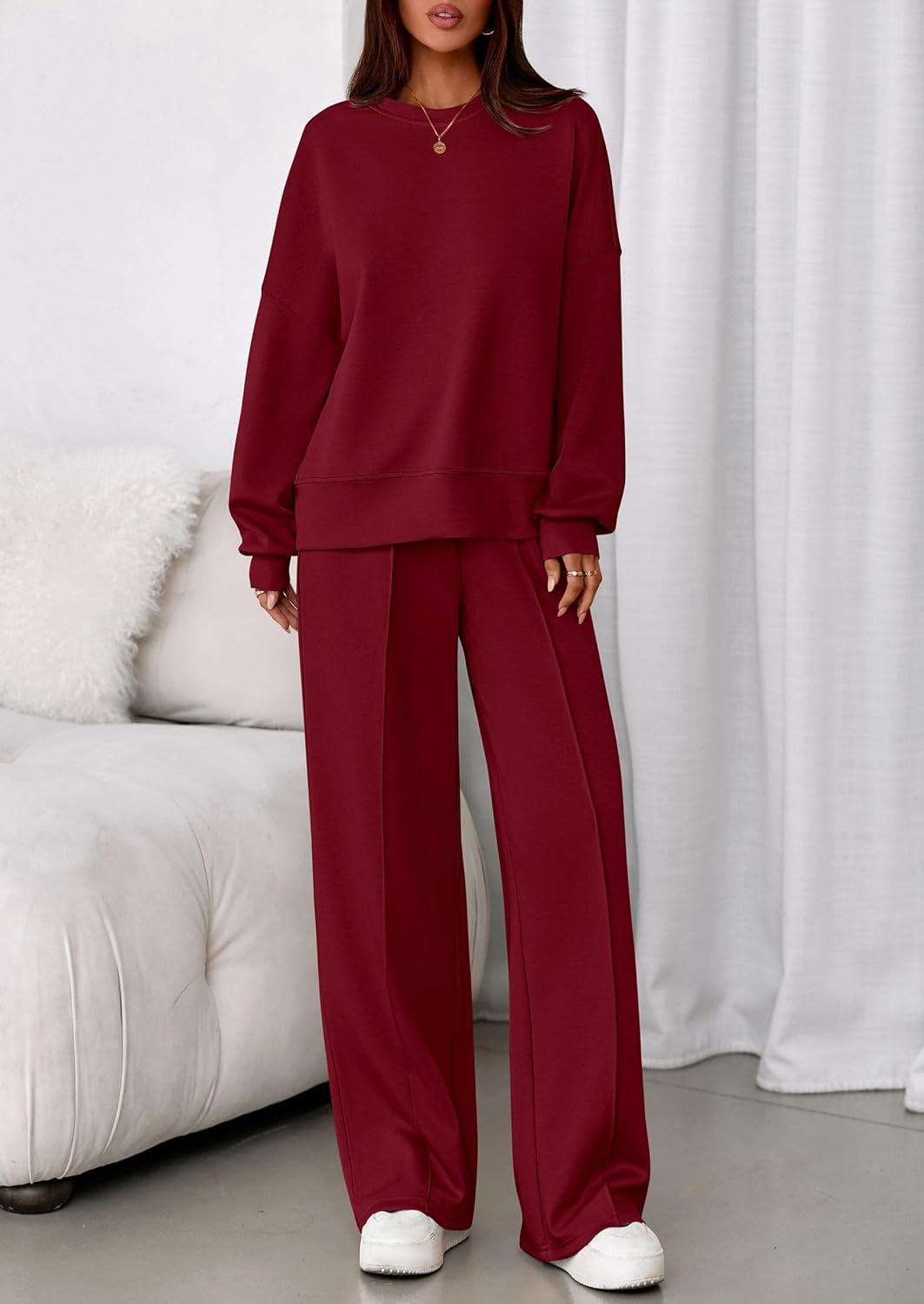 imagePRETTYGARDEN 2 Piece Sets For Women Fall Trendy Long Sleeve Sweatshirt Wide Leg Pants Loungewear Set Matching SweatsuitWine Red