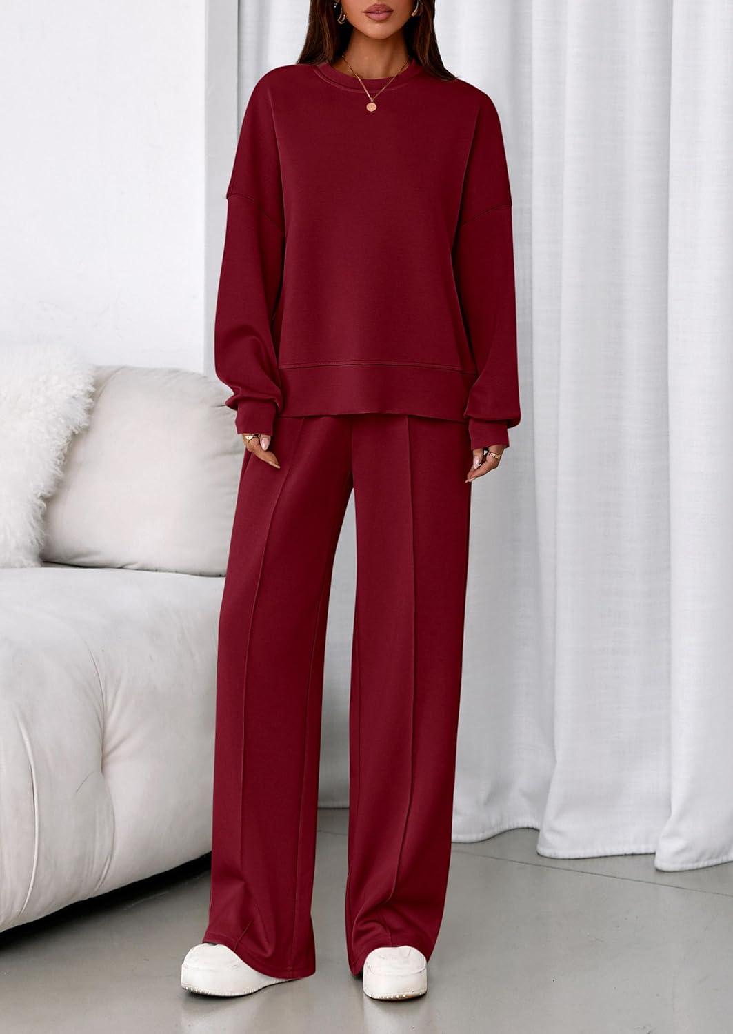 imagePRETTYGARDEN 2 Piece Sets For Women Fall Trendy Long Sleeve Sweatshirt Wide Leg Pants Loungewear Set Matching SweatsuitWine Red