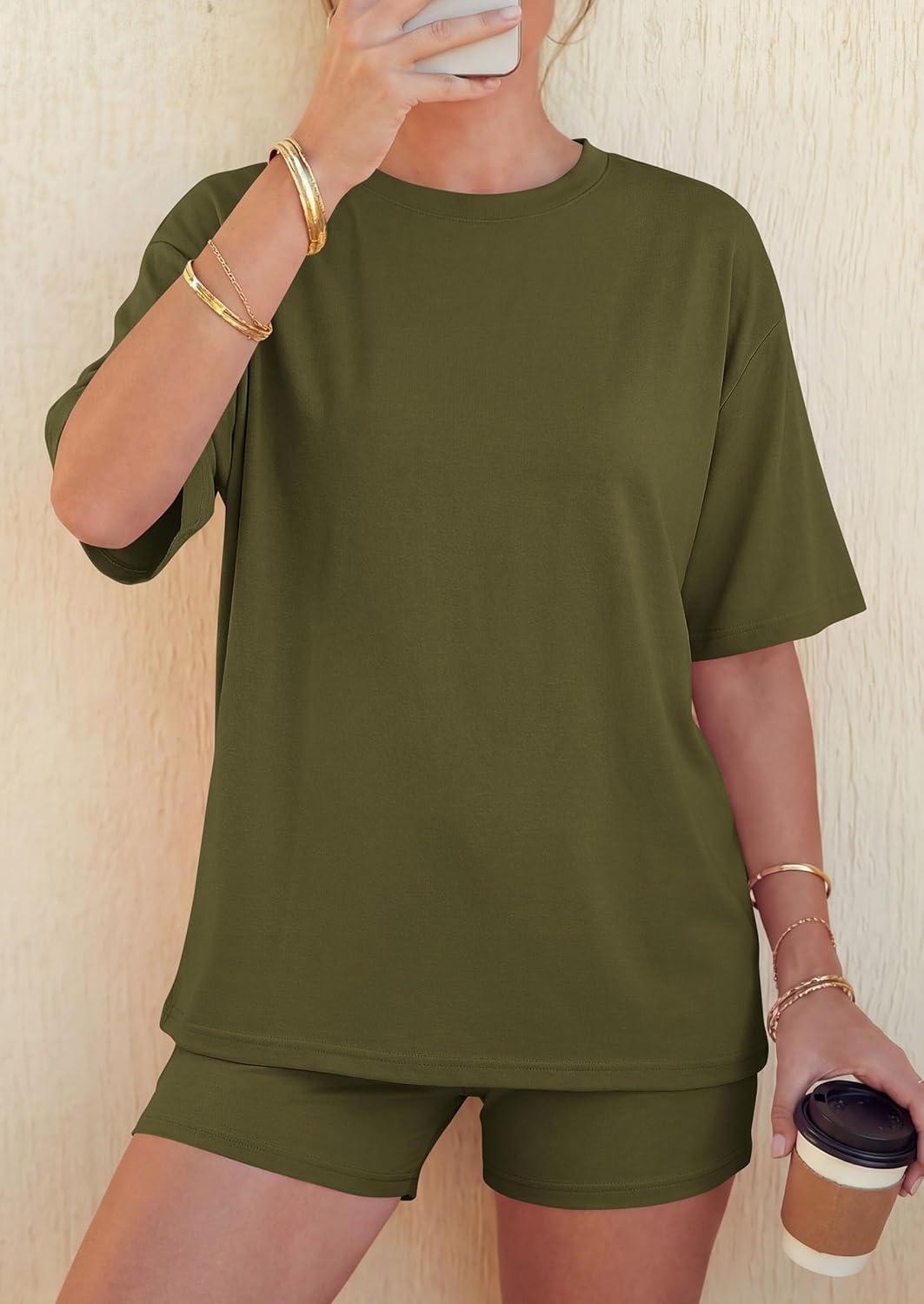 imagePRETTYGARDEN 2026 Womens Summer 2 Piece Sets Casual Lounge Set Short Sleeve Tops Shirts Shorts Travel Beach Vacation OutfitsArmy Green