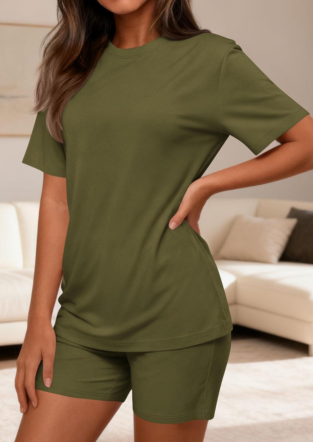 imagePRETTYGARDEN 2026 Womens Summer 2 Piece Sets Casual Lounge Set Short Sleeve Tops Shirts Shorts Travel Beach Vacation OutfitsArmy Green