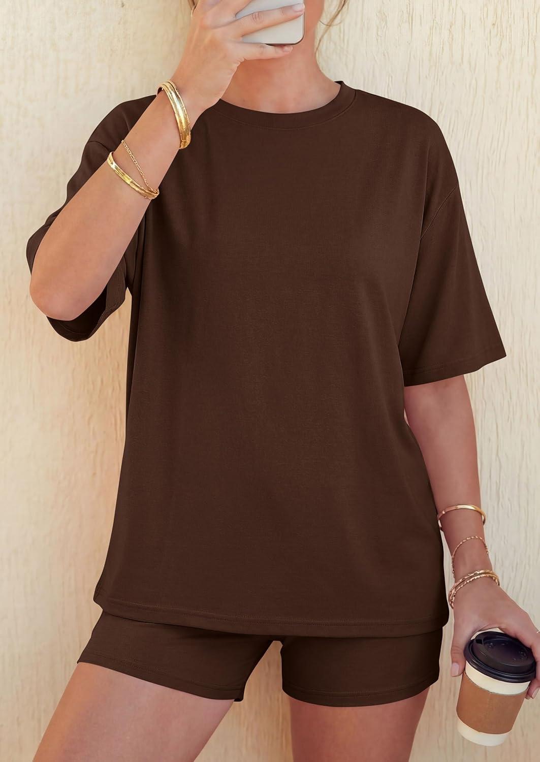 imagePRETTYGARDEN 2026 Womens Summer 2 Piece Sets Casual Lounge Set Short Sleeve Tops Shirts Shorts Travel Beach Vacation OutfitsBrown