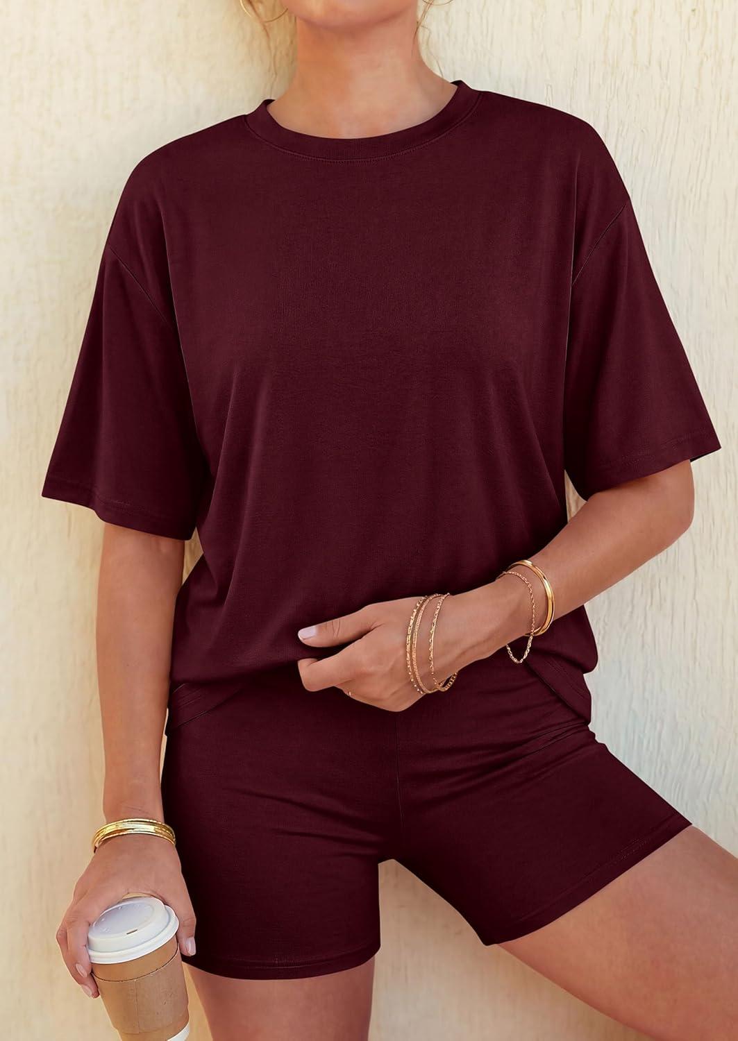 imagePRETTYGARDEN 2026 Womens Summer 2 Piece Sets Casual Lounge Set Short Sleeve Tops Shirts Shorts Travel Beach Vacation OutfitsBurgundy