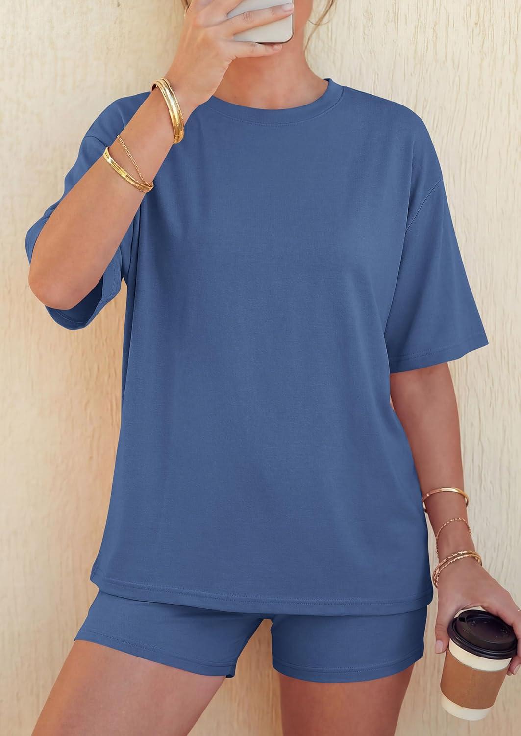 imagePRETTYGARDEN 2026 Womens Summer 2 Piece Sets Casual Lounge Set Short Sleeve Tops Shirts Shorts Travel Beach Vacation OutfitsDusty Blue