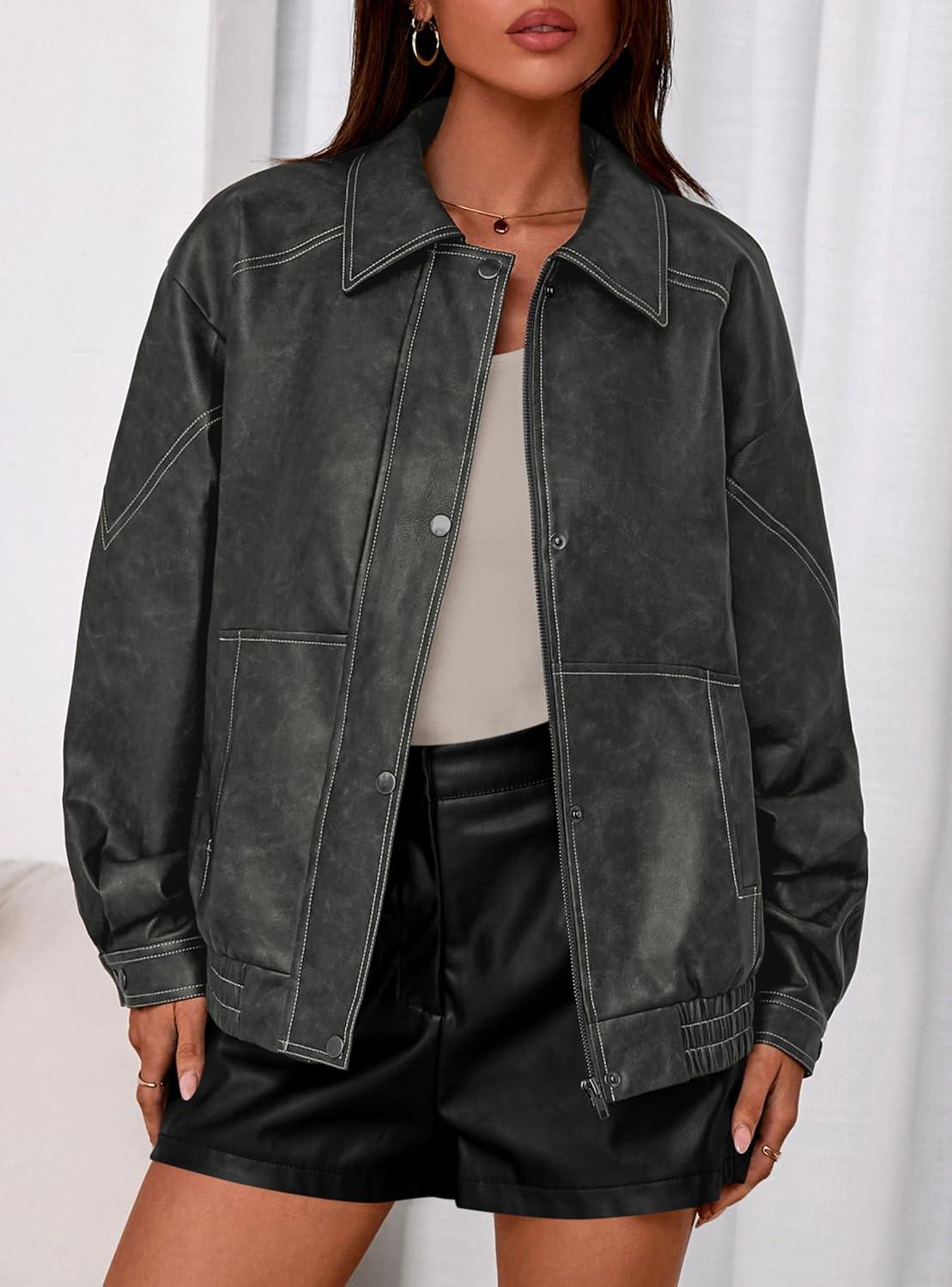 imagePRETTYGARDEN Faux Leather Jacket Women Bomber Motorcycle Zip Up Jackets Oversized Fall Fashion Outfits 2026 Winter CoatsGrey
