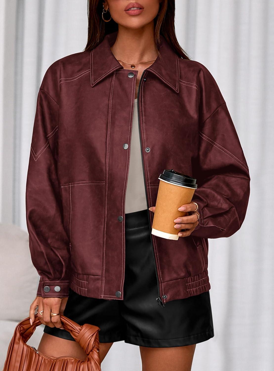 imagePRETTYGARDEN Faux Leather Jacket Women Bomber Motorcycle Zip Up Jackets Oversized Fall Fashion Outfits 2026 Winter CoatsWine Red