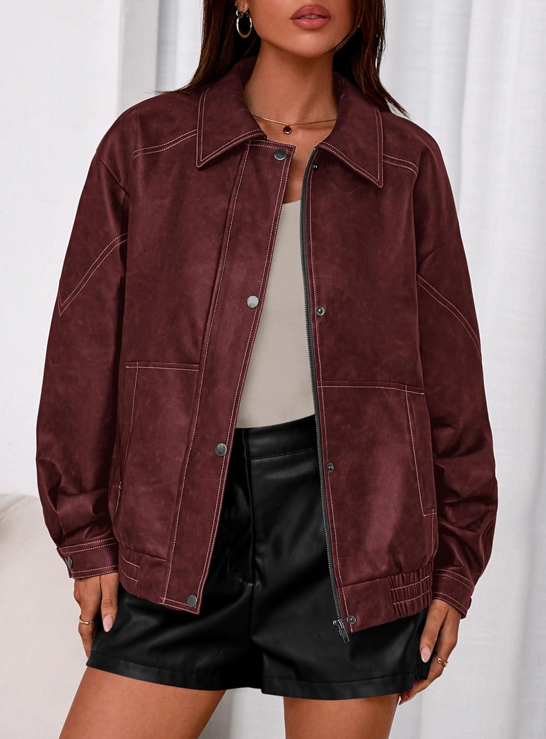 imagePRETTYGARDEN Faux Leather Jacket Women Bomber Motorcycle Zip Up Jackets Oversized Fall Fashion Outfits 2026 Winter CoatsWine Red