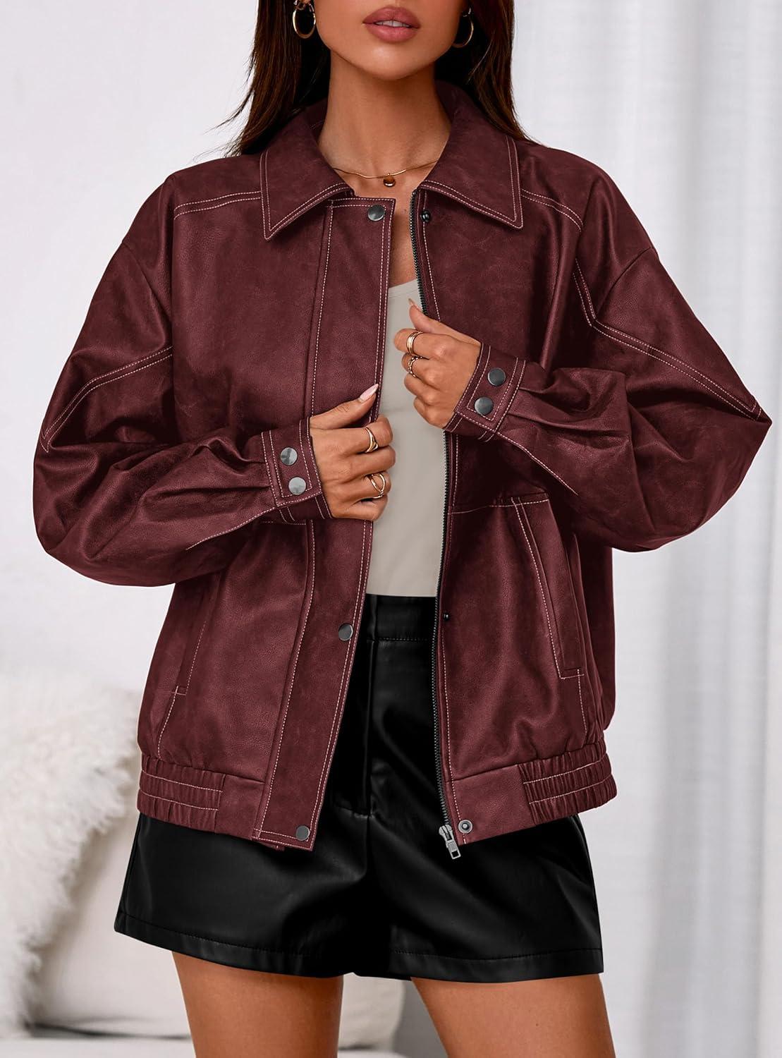 imagePRETTYGARDEN Faux Leather Jacket Women Bomber Motorcycle Zip Up Jackets Oversized Fall Fashion Outfits 2026 Winter CoatsWine Red