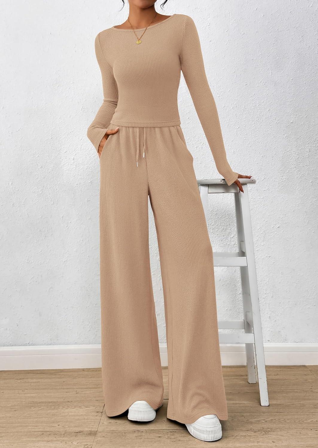 imagePRETTYGARDEN Matching Sets Women Clothing 2026 Fall Fashion Travel 2 Piece Lounge Sets Long Sleeve Crop Top Wide Leg PantsApricot