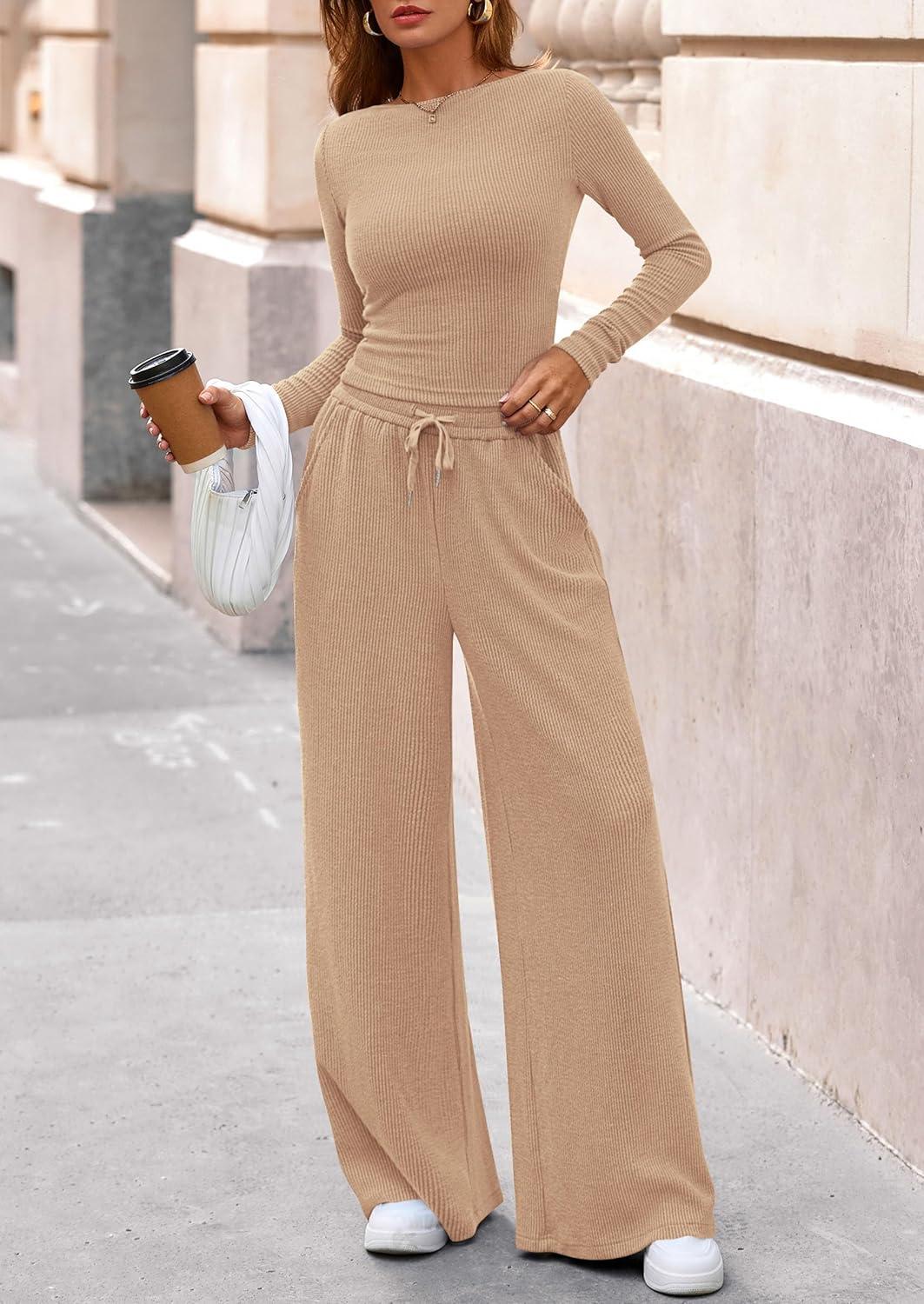 imagePRETTYGARDEN Matching Sets Women Clothing 2026 Fall Fashion Travel 2 Piece Lounge Sets Long Sleeve Crop Top Wide Leg PantsApricot