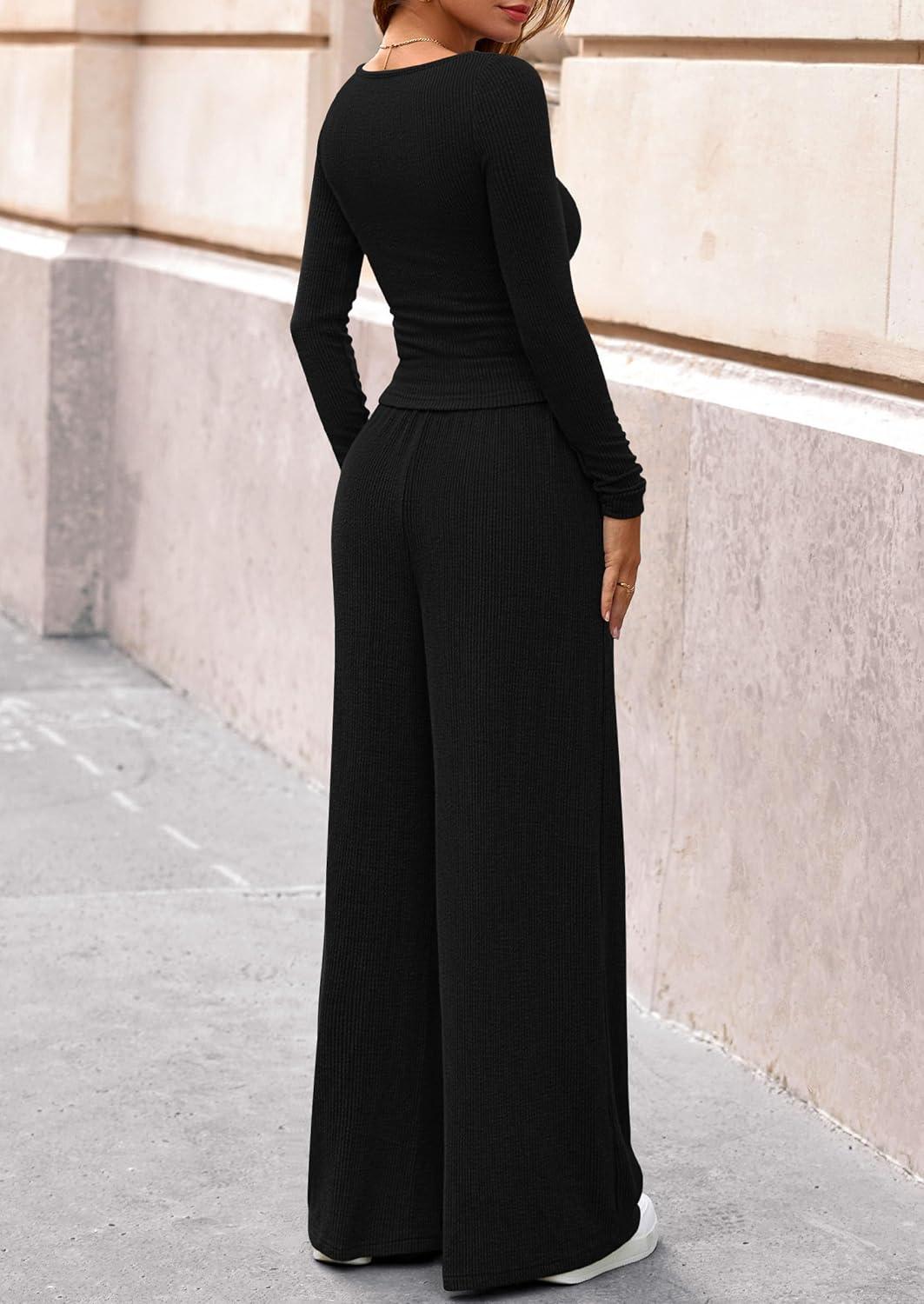imagePRETTYGARDEN Matching Sets Women Clothing 2026 Fall Fashion Travel 2 Piece Lounge Sets Long Sleeve Crop Top Wide Leg PantsBlack