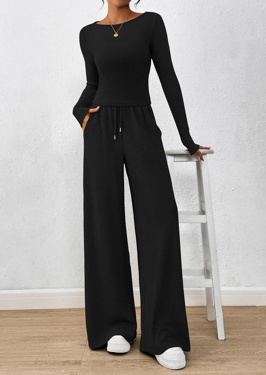 imagePRETTYGARDEN Matching Sets Women Clothing 2026 Fall Fashion Travel 2 Piece Lounge Sets Long Sleeve Crop Top Wide Leg PantsBlack