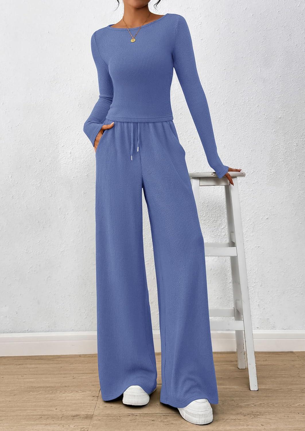 imagePRETTYGARDEN Matching Sets Women Clothing 2026 Fall Fashion Travel 2 Piece Lounge Sets Long Sleeve Crop Top Wide Leg PantsBlue
