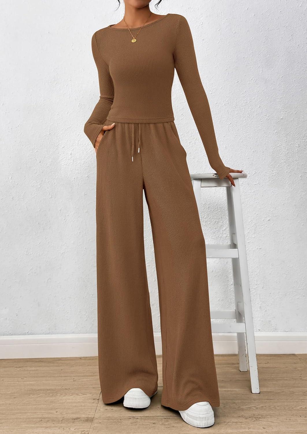 imagePRETTYGARDEN Matching Sets Women Clothing 2026 Fall Fashion Travel 2 Piece Lounge Sets Long Sleeve Crop Top Wide Leg PantsDark Khaki