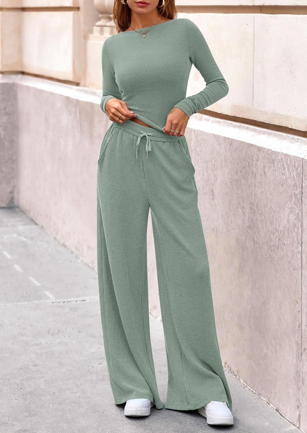 imagePRETTYGARDEN Matching Sets Women Clothing 2026 Fall Fashion Travel 2 Piece Lounge Sets Long Sleeve Crop Top Wide Leg PantsGreen