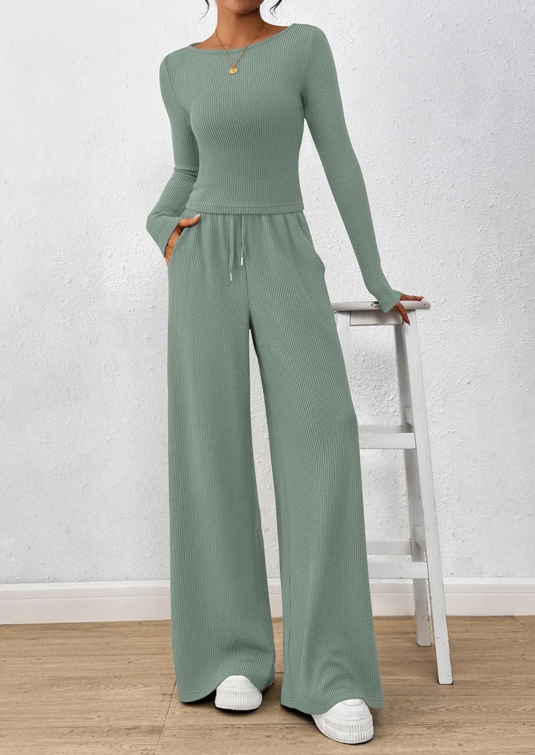 imagePRETTYGARDEN Matching Sets Women Clothing 2026 Fall Fashion Travel 2 Piece Lounge Sets Long Sleeve Crop Top Wide Leg PantsGreen