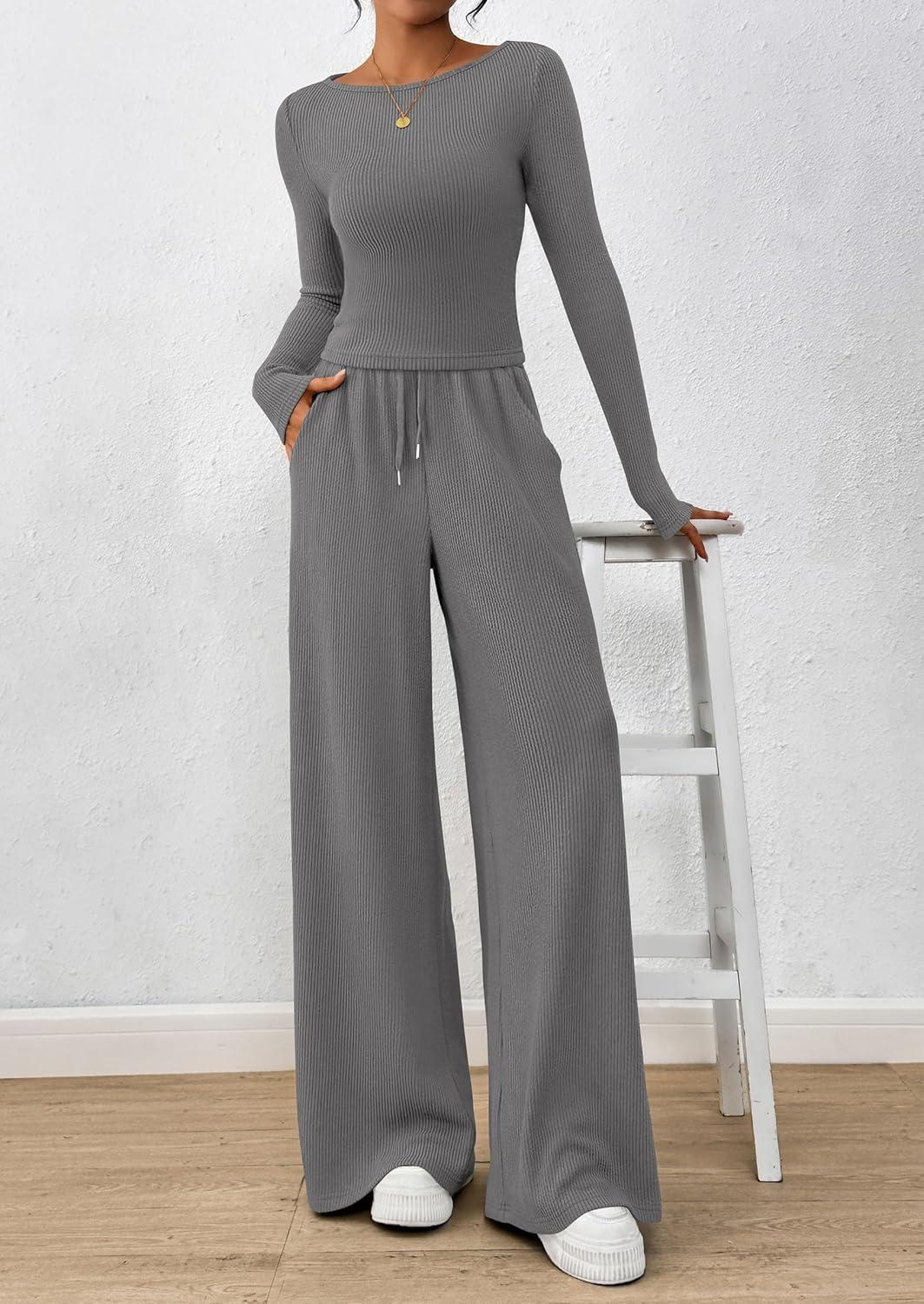 imagePRETTYGARDEN Matching Sets Women Clothing 2026 Fall Fashion Travel 2 Piece Lounge Sets Long Sleeve Crop Top Wide Leg PantsGrey