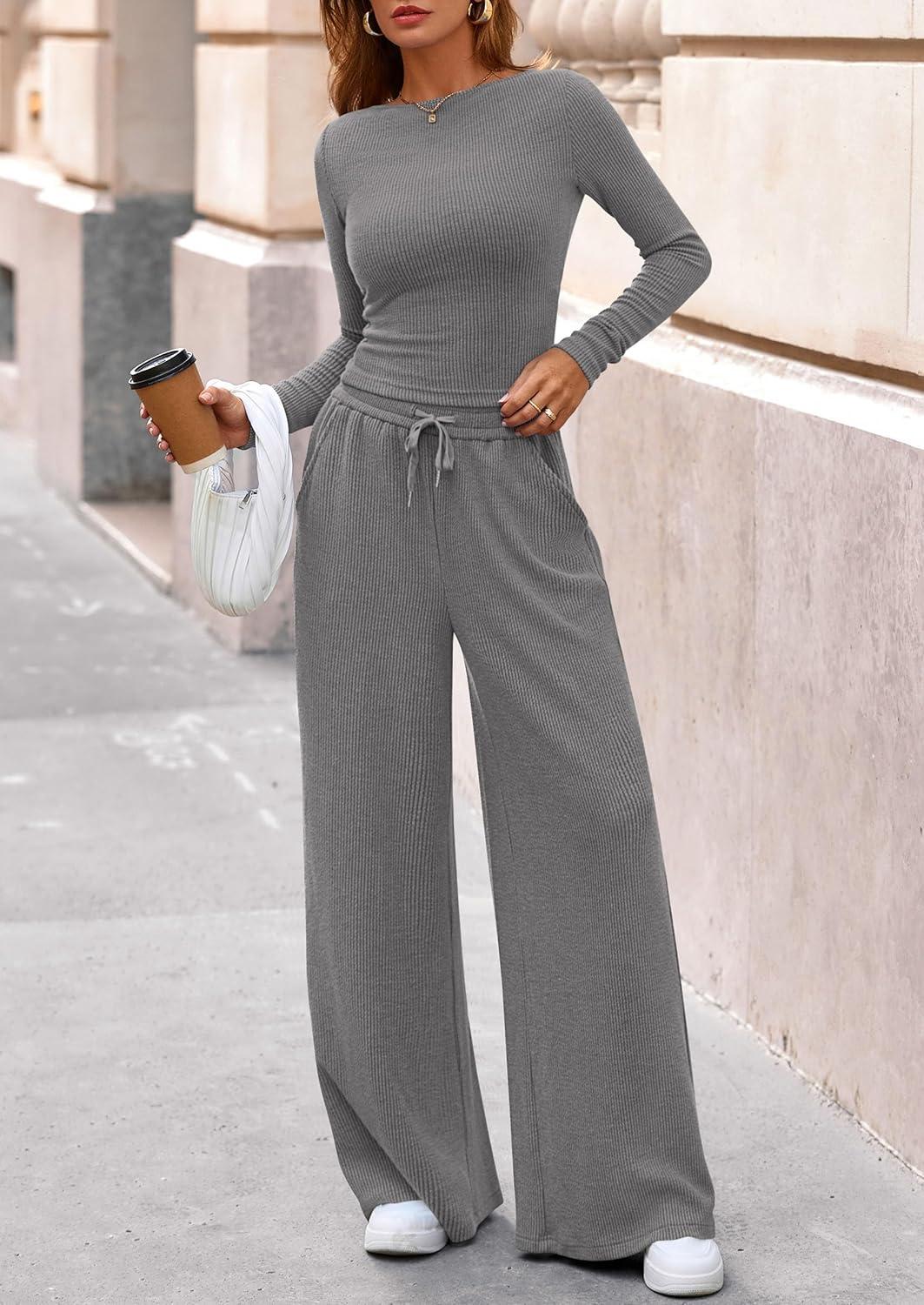 imagePRETTYGARDEN Matching Sets Women Clothing 2026 Fall Fashion Travel 2 Piece Lounge Sets Long Sleeve Crop Top Wide Leg PantsGrey