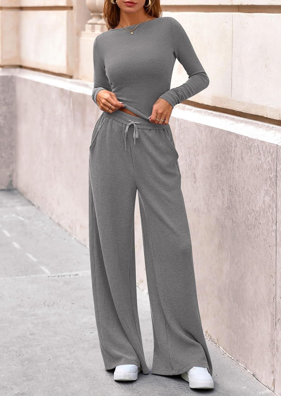 imagePRETTYGARDEN Matching Sets Women Clothing 2026 Fall Fashion Travel 2 Piece Lounge Sets Long Sleeve Crop Top Wide Leg PantsGrey