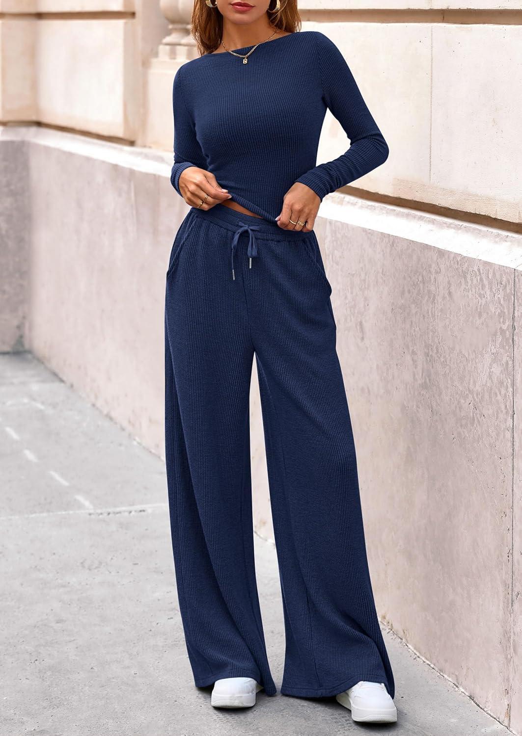 imagePRETTYGARDEN Matching Sets Women Clothing 2026 Fall Fashion Travel 2 Piece Lounge Sets Long Sleeve Crop Top Wide Leg PantsNavy