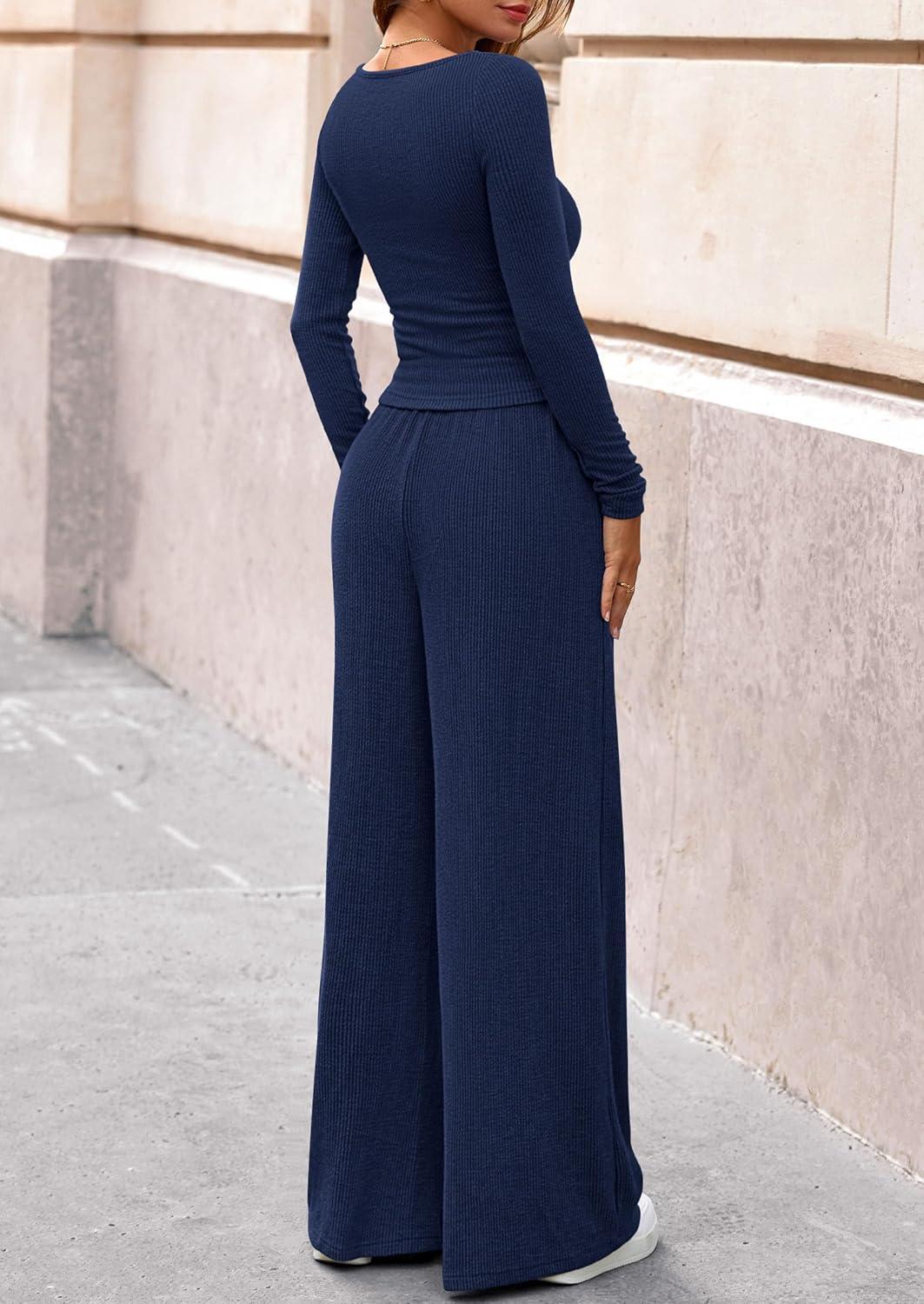 imagePRETTYGARDEN Matching Sets Women Clothing 2026 Fall Fashion Travel 2 Piece Lounge Sets Long Sleeve Crop Top Wide Leg PantsNavy