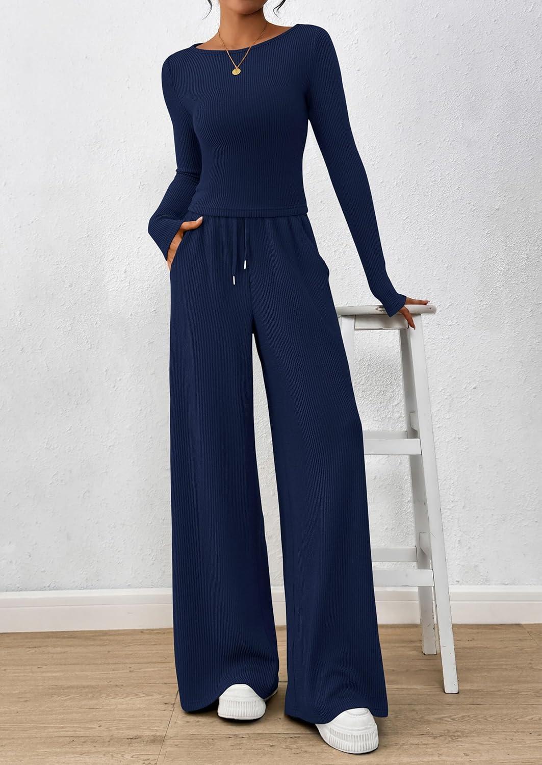 imagePRETTYGARDEN Matching Sets Women Clothing 2026 Fall Fashion Travel 2 Piece Lounge Sets Long Sleeve Crop Top Wide Leg PantsNavy