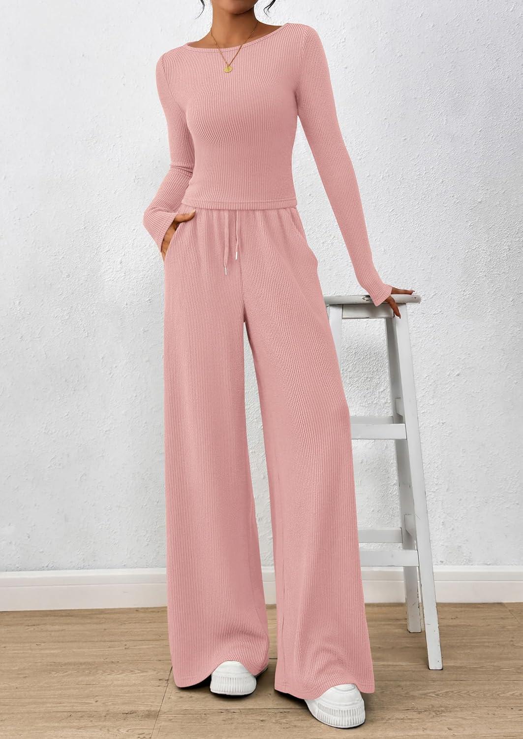 imagePRETTYGARDEN Matching Sets Women Clothing 2026 Fall Fashion Travel 2 Piece Lounge Sets Long Sleeve Crop Top Wide Leg PantsPink