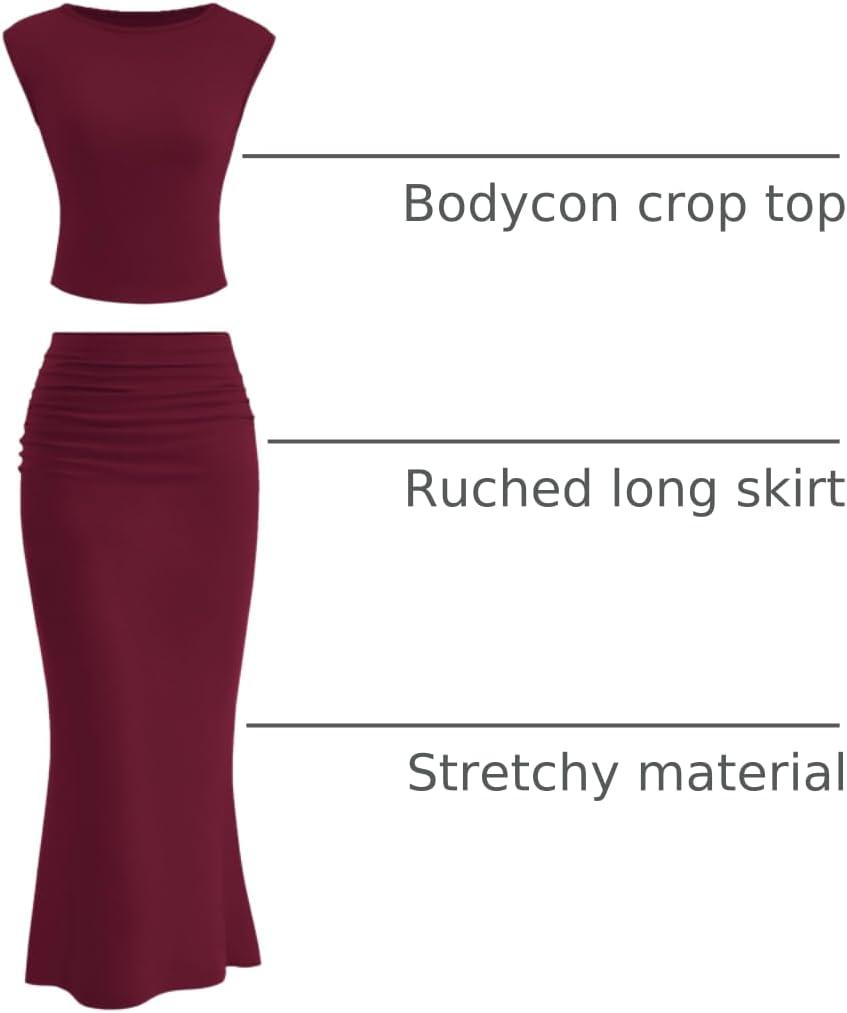imagePRETTYGARDEN Skirt Sets Women 2 Piece Outfits Summer Outfits 2026 Going Out Crop Tops Long Maxi Skirts Beach Vacation ClothesWine Red