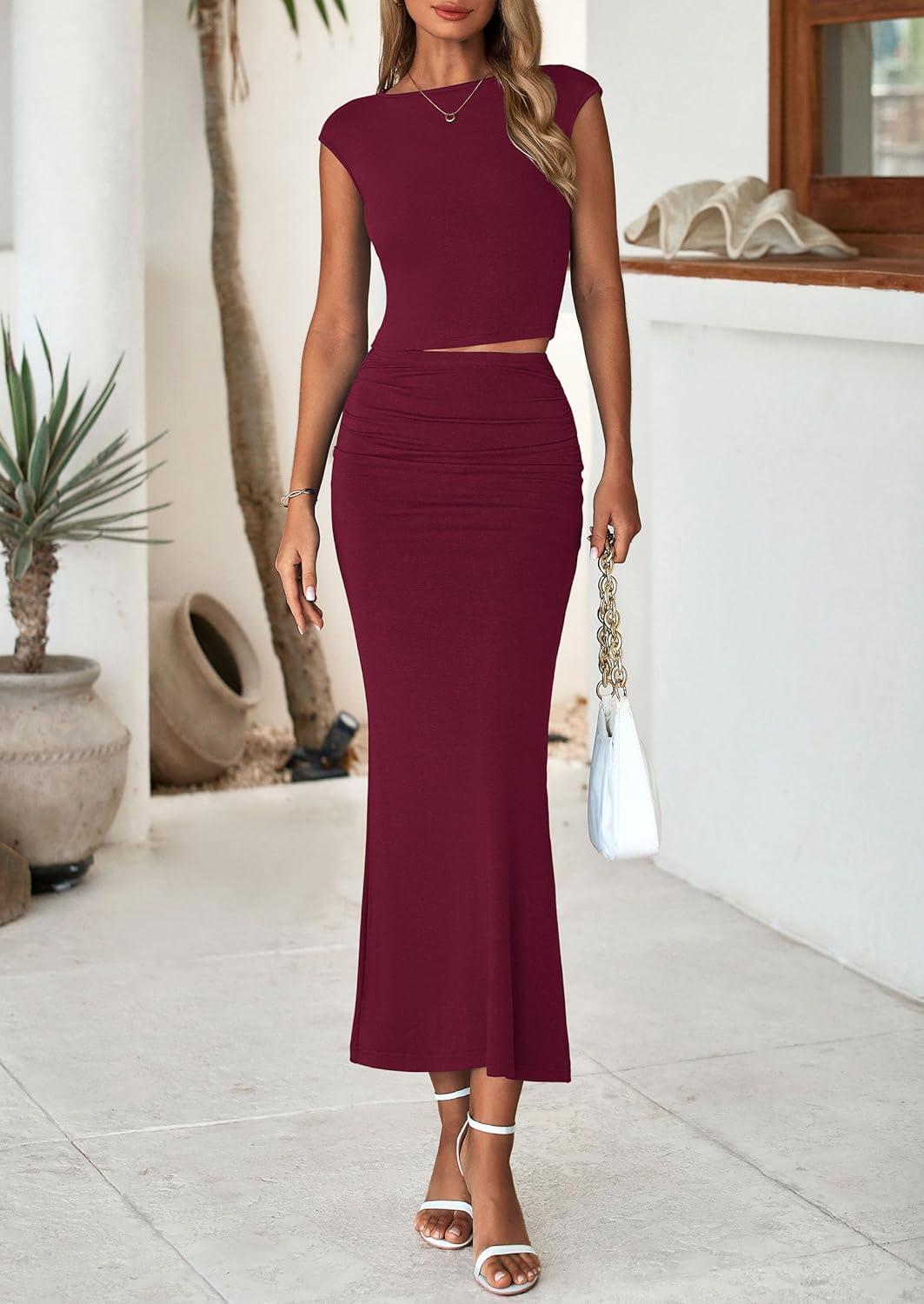 imagePRETTYGARDEN Skirt Sets Women 2 Piece Outfits Summer Outfits 2026 Going Out Crop Tops Long Maxi Skirts Beach Vacation ClothesWine Red