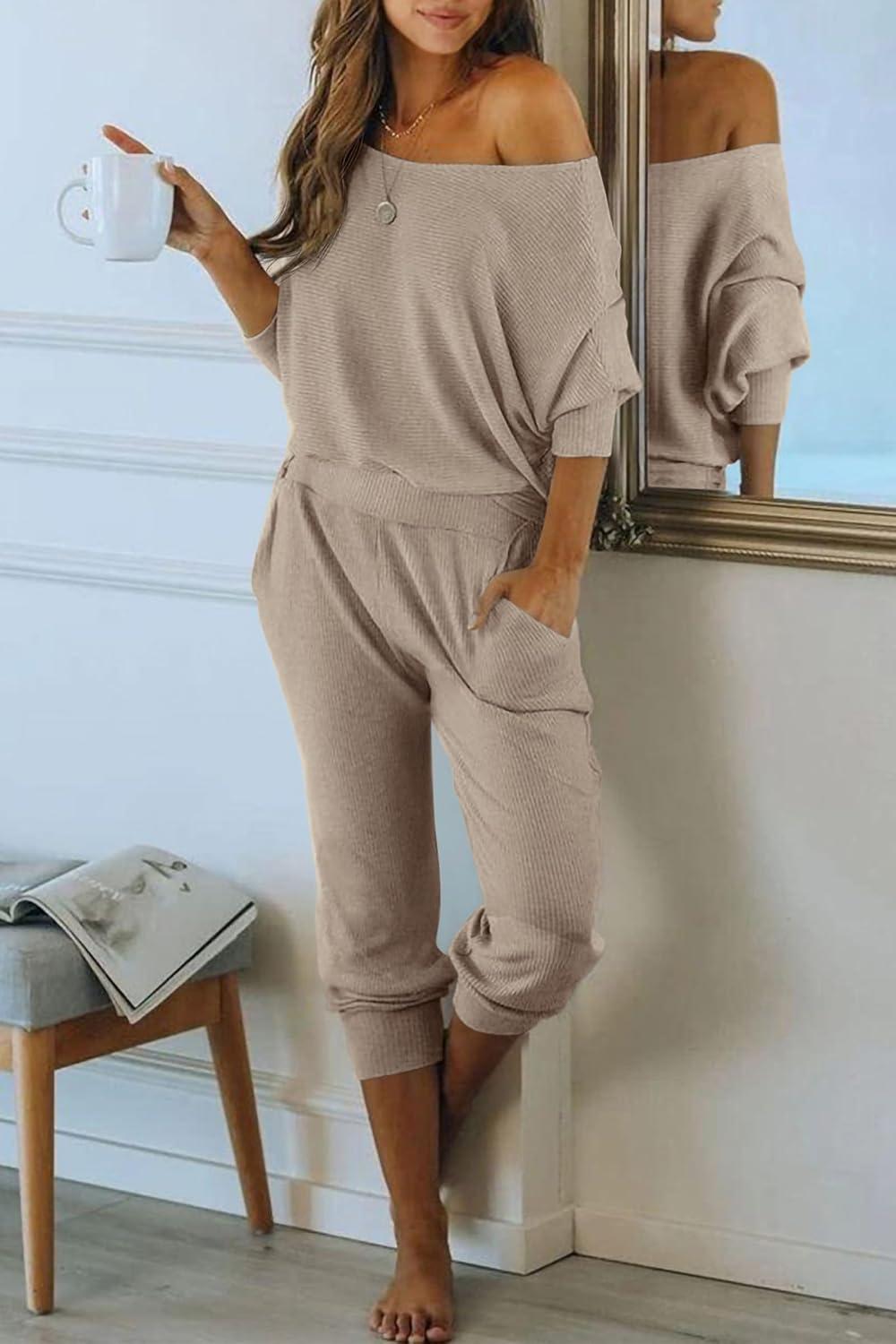 imagePRETTYGARDEN Two Piece Sets for Women 2026 Casual Ribbed Knit Off Shoulder Tops Lounge Pants Fall Tracksuits Winter ClothesApricot