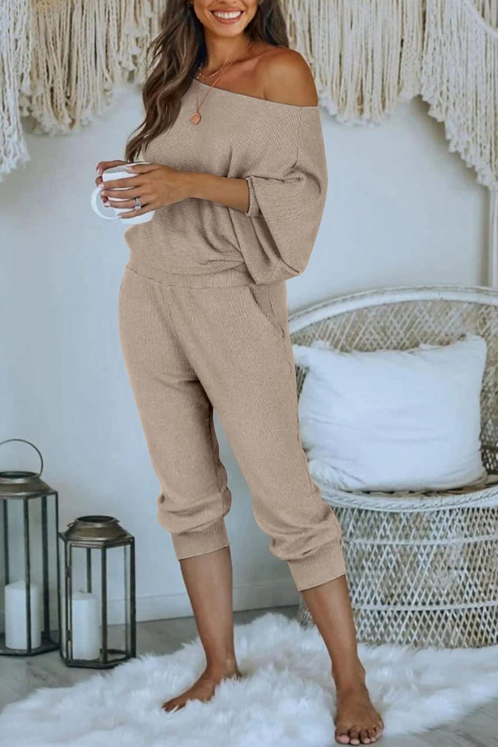 imagePRETTYGARDEN Two Piece Sets for Women 2026 Casual Ribbed Knit Off Shoulder Tops Lounge Pants Fall Tracksuits Winter ClothesApricot