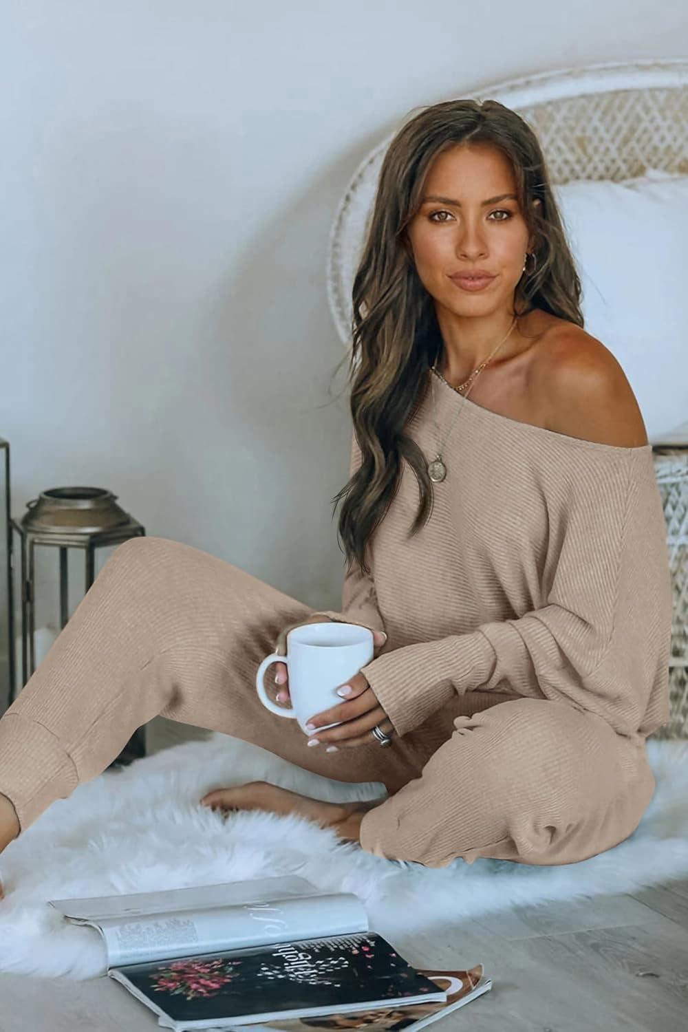 imagePRETTYGARDEN Two Piece Sets for Women 2026 Casual Ribbed Knit Off Shoulder Tops Lounge Pants Fall Tracksuits Winter ClothesApricot